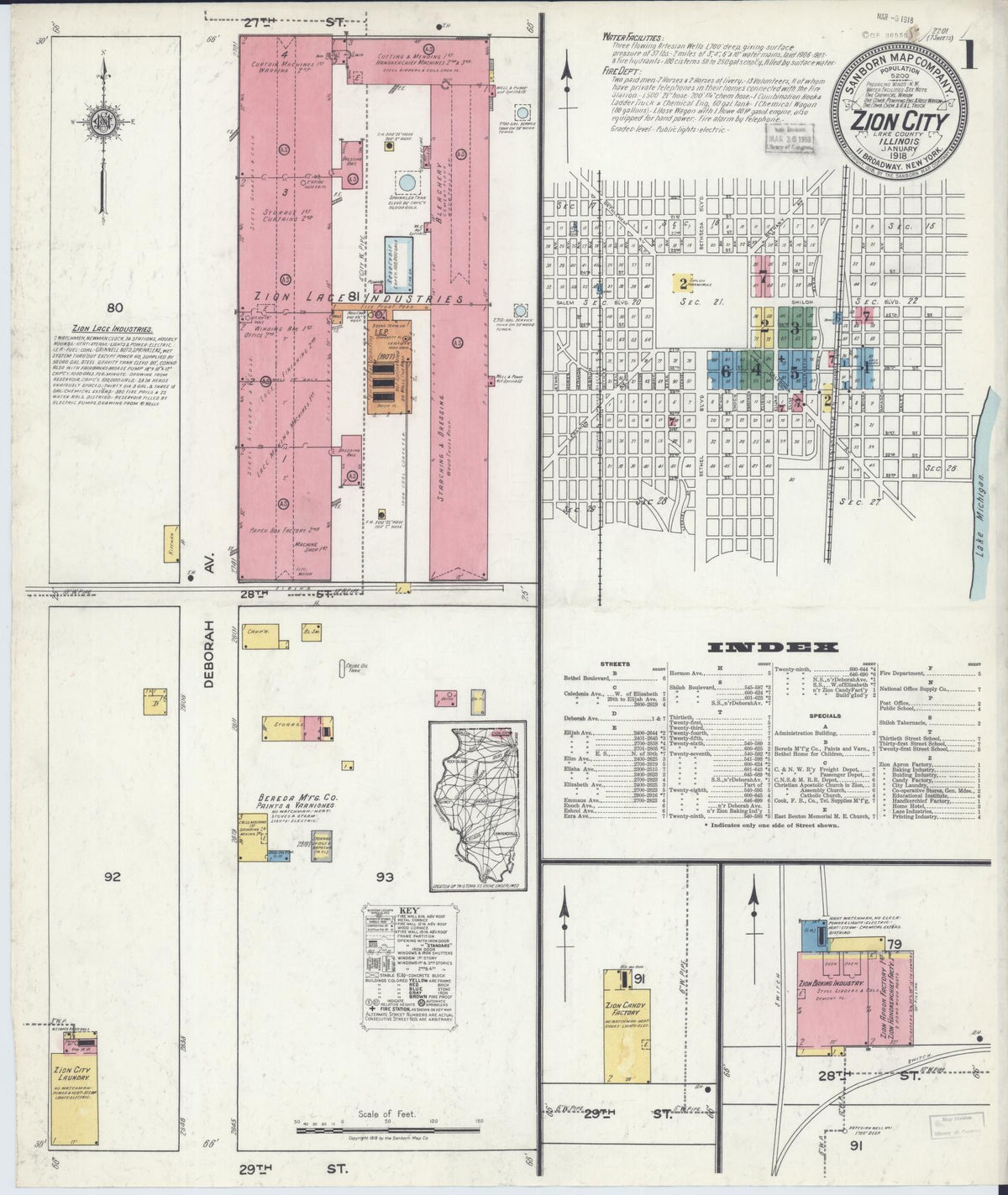 Sanborn Fire Insurance Map from Zion, Lake County, Illinois (1918), Sheet #0001 - Historic Sanborn Fire Insurance Map Print, vintage old map wall art, antique decor, genealogy gift, Illinois Illinois map