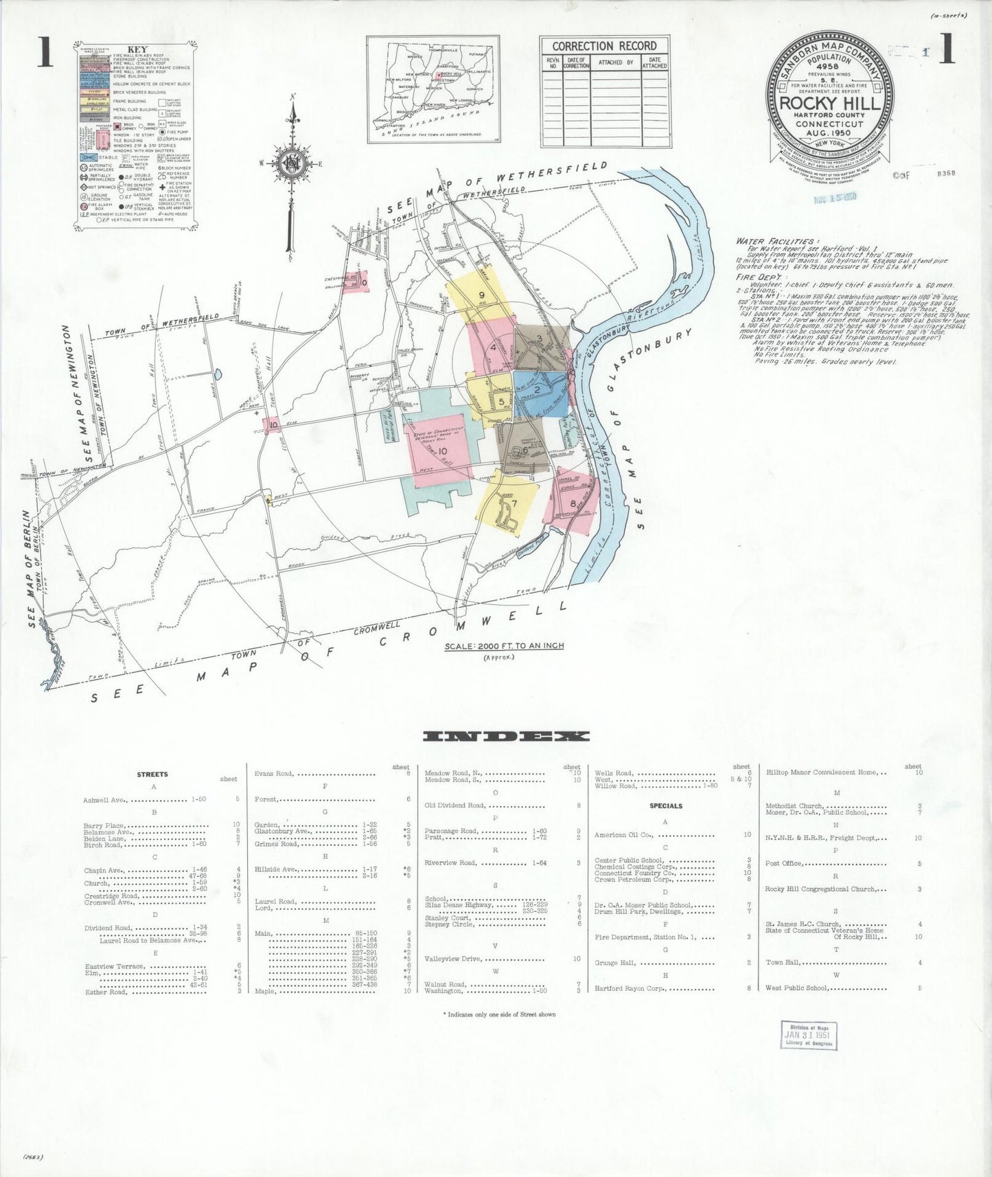 Sanborn Fire Insurance Map from Rocky Hill, Hartford County, Connecticut (1950), Sheet #0001 - Complete Map Set gallery image, historic Sanborn map, vintage wall art, Connecticut Connecticut