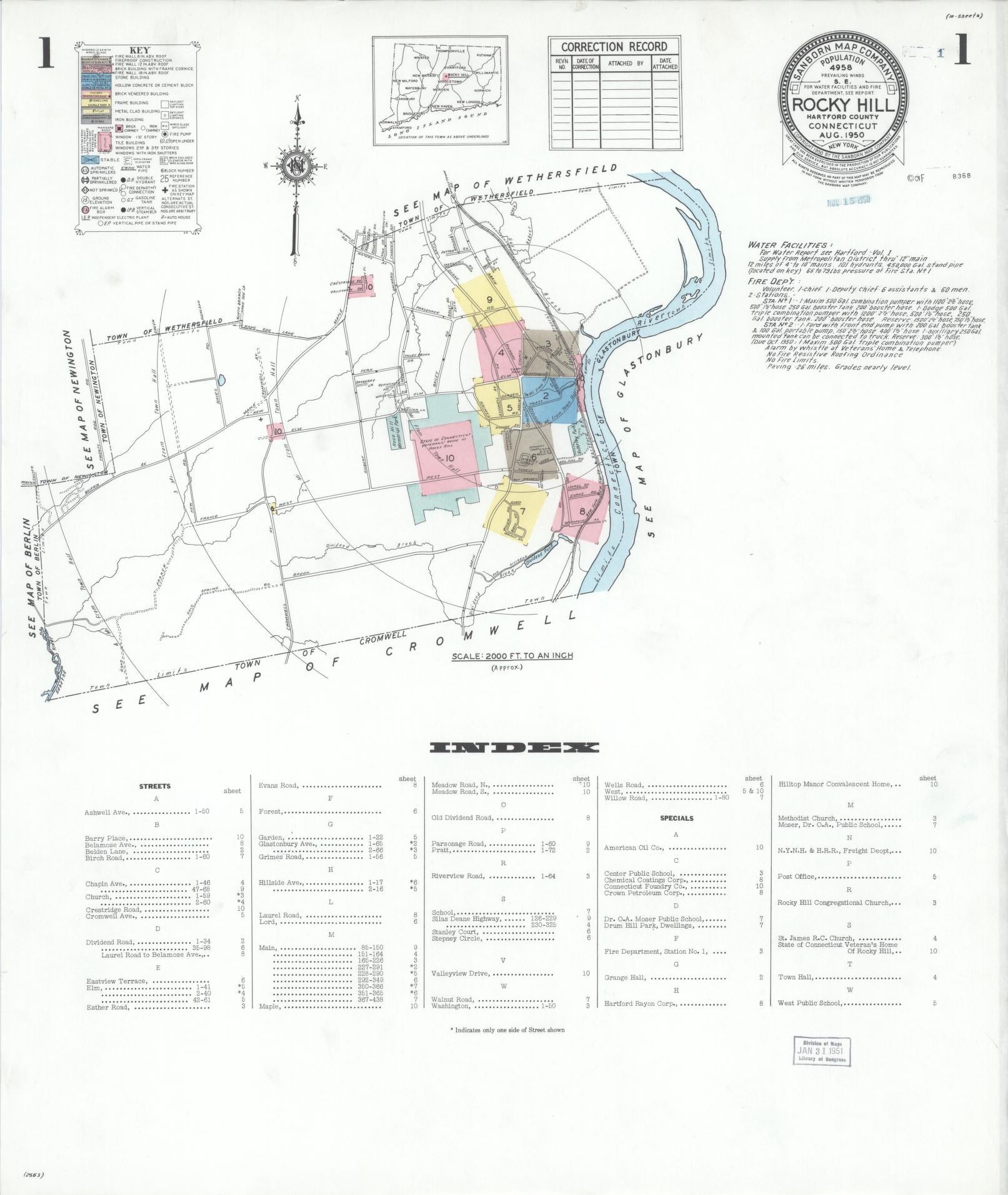 Sanborn Fire Insurance Map from Rocky Hill, Hartford County, Connecticut (1950), Sheet #0001 - Complete Map Set gallery image, historic Sanborn map, vintage wall art, Connecticut Connecticut