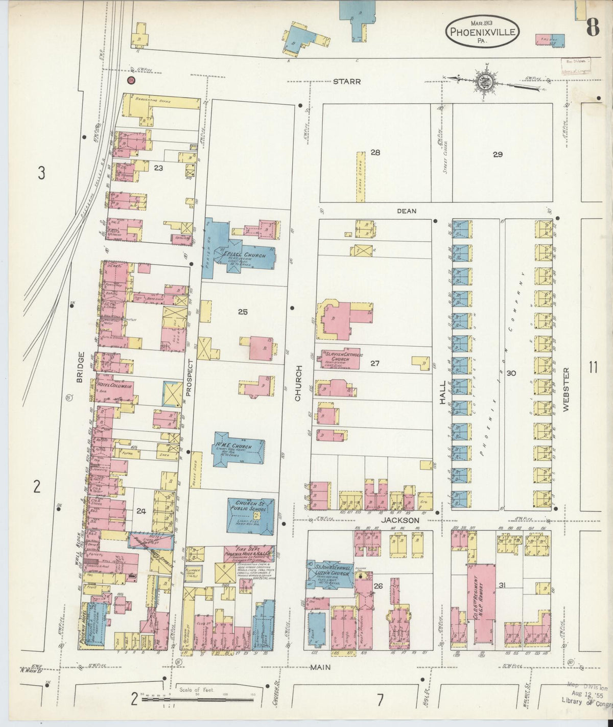 Sanborn Fire Insurance Map from Phoenixville, Chester County, Pennsylvania (1913), Sheet #0008 - Historic Sanborn Fire Insurance Map Print, vintage old map wall art, antique decor, genealogy gift, Pennsylvania Pennsylvania map