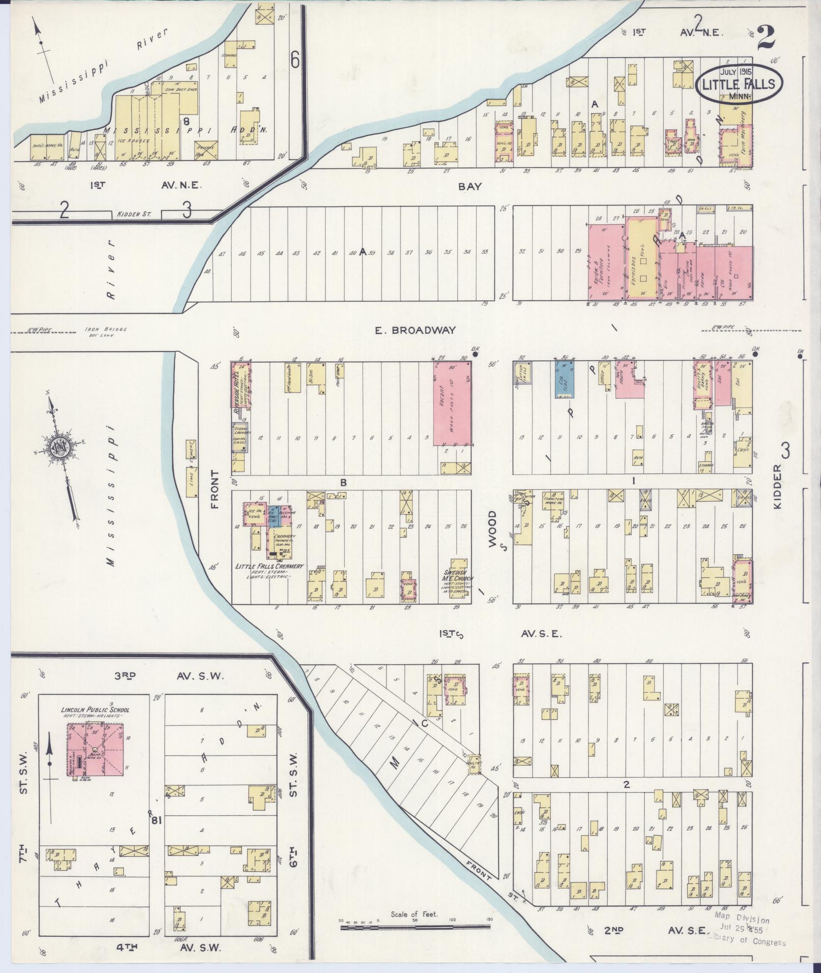 Sanborn Fire Insurance Map from Little Falls, Morrison County, Minnesota (1915), Sheet #0002 - Historic Sanborn Fire Insurance Map Print, vintage old map wall art, antique decor, genealogy gift, Minnesota Minnesota map