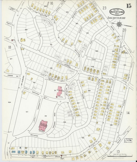 Sanborn Fire Insurance Map from Watertown, Middlesex County, Massachusetts (1916), Sheet #0015 - Historic Sanborn Fire Insurance Map Print, vintage old map wall art, antique decor, genealogy gift, Massachusetts Massachusetts map