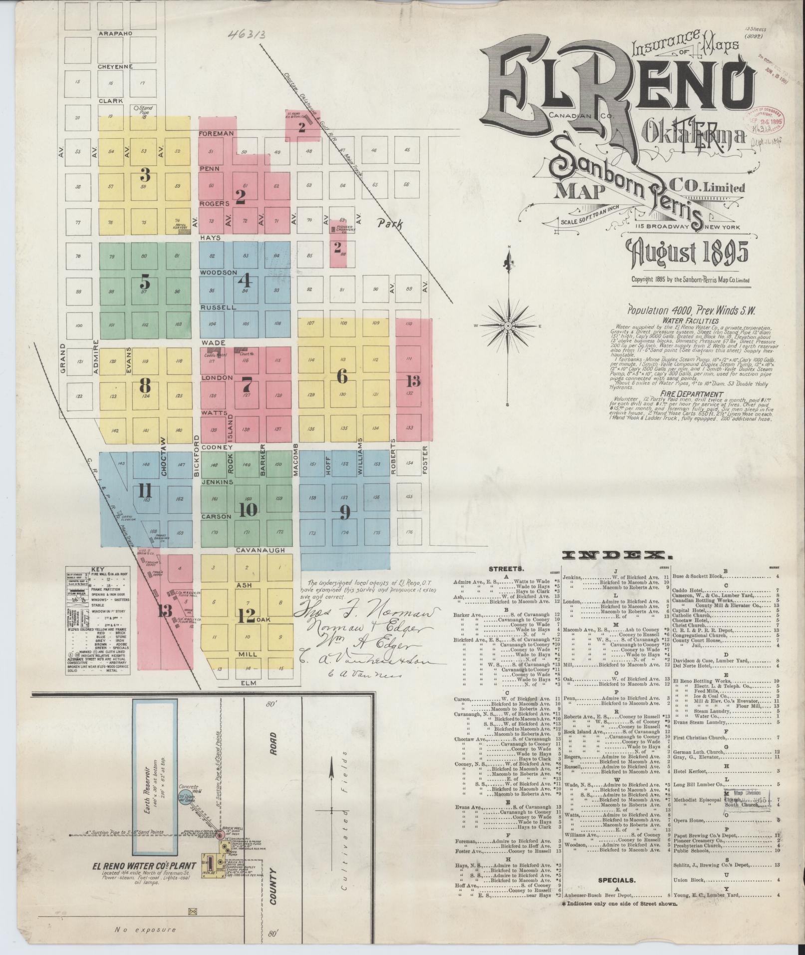 Sanborn Fire Insurance Map from El Reno, Canadian County, Oklahoma (1895), Sheet #0001 - Complete Map Set gallery image, historic Sanborn map, vintage wall art, Oklahoma Oklahoma