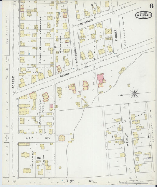 Sanborn Fire Insurance Map from Wausau, Marathon County, Wisconsin (1891), Sheet #0008 - Historic Sanborn Fire Insurance Map Print, vintage old map wall art, antique decor, genealogy gift, Wisconsin Wisconsin map