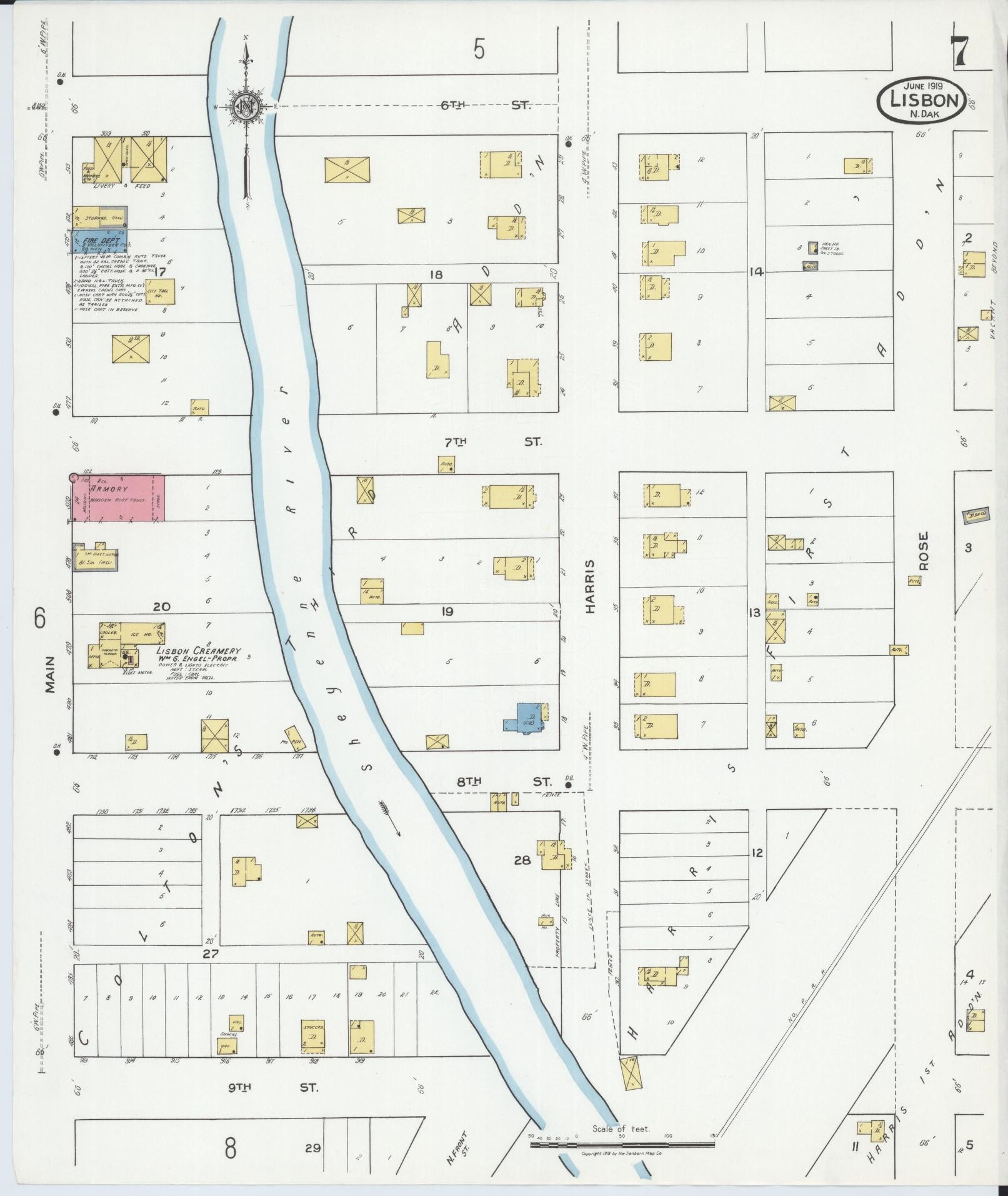 Sanborn Fire Insurance Map from Lisbon, Ransom County, North Dakota (1919), Sheet #0007 - Historic Sanborn Fire Insurance Map Print, vintage old map wall art, antique decor, genealogy gift, North Dakota North Dakota map