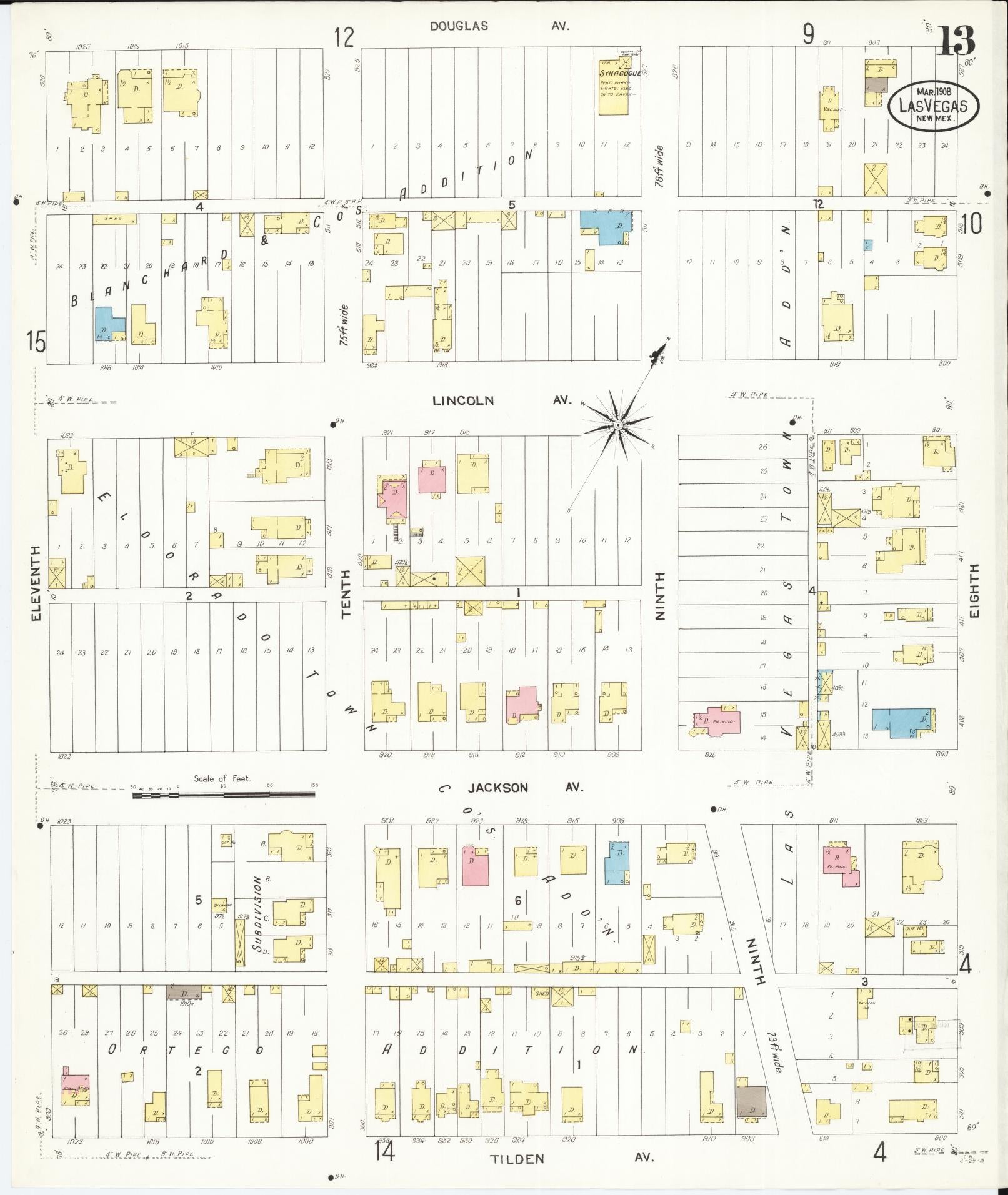 Sanborn Fire Insurance Map from Las Vegas, San Miguel County, New Mexico (1908), Sheet #0013 - Complete Map Set gallery image, historic Sanborn map, vintage wall art, New Mexico New Mexico
