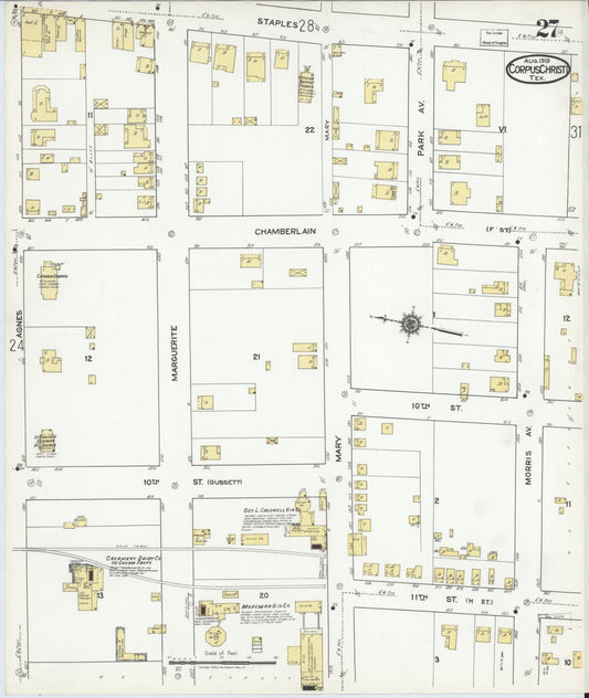 Sanborn Fire Insurance Map from Corpus Christi, Nueces County, Texas (1919), Sheet #0027 - Historic Sanborn Fire Insurance Map Print, vintage old map wall art, antique decor, genealogy gift, Texas Texas map