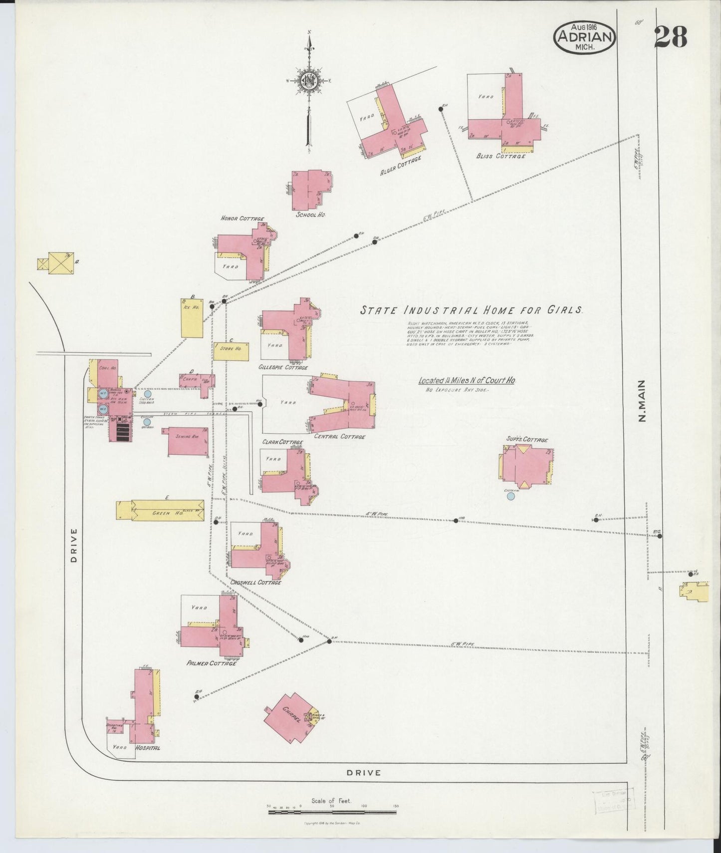 Sanborn Fire Insurance Map from Adrian, Lenawee County, Michigan (1916), Sheet #0028 - Historic Sanborn Fire Insurance Map Print, vintage old map wall art, antique decor, genealogy gift, Michigan Michigan map