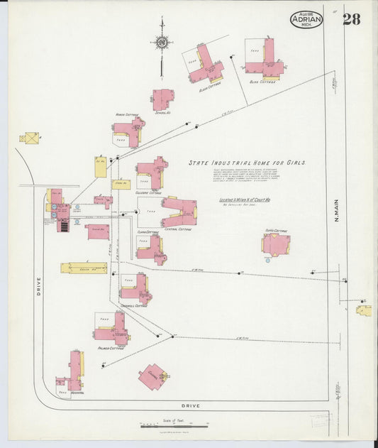 Sanborn Fire Insurance Map from Adrian, Lenawee County, Michigan (1916), Sheet #0028 - Historic Sanborn Fire Insurance Map Print, vintage old map wall art, antique decor, genealogy gift, Michigan Michigan map