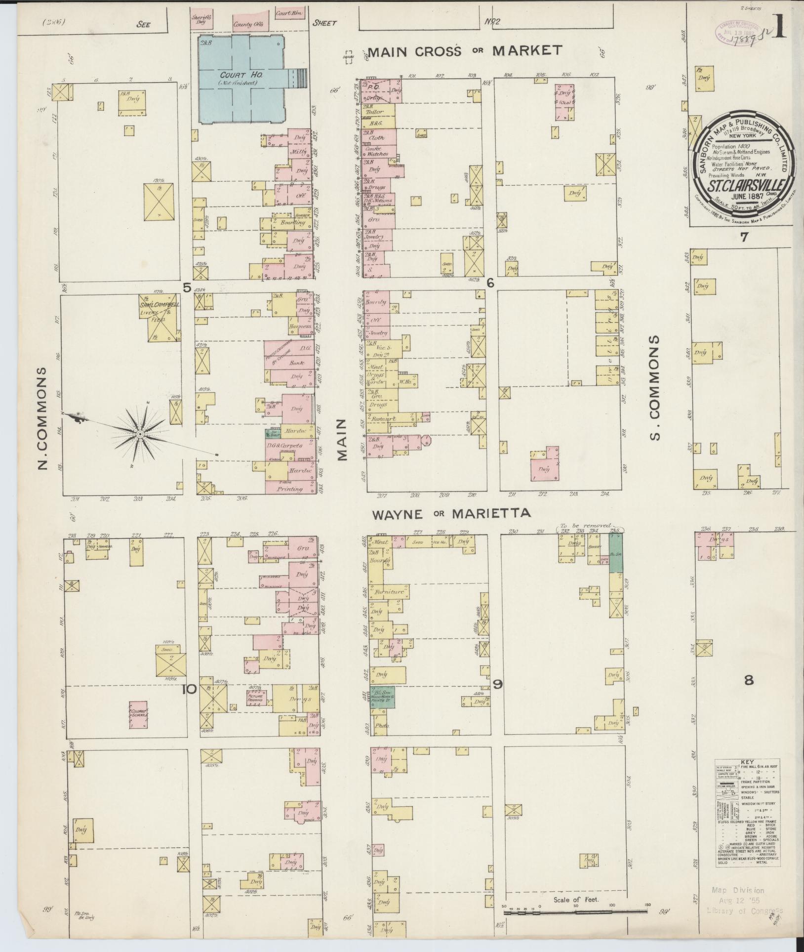 Sanborn Fire Insurance Map from Saint Clairsville, Belmont County, Ohio (1887), Sheet #0001 - Historic Sanborn Fire Insurance Map Print, vintage old map wall art, antique decor, genealogy gift, Ohio Ohio map