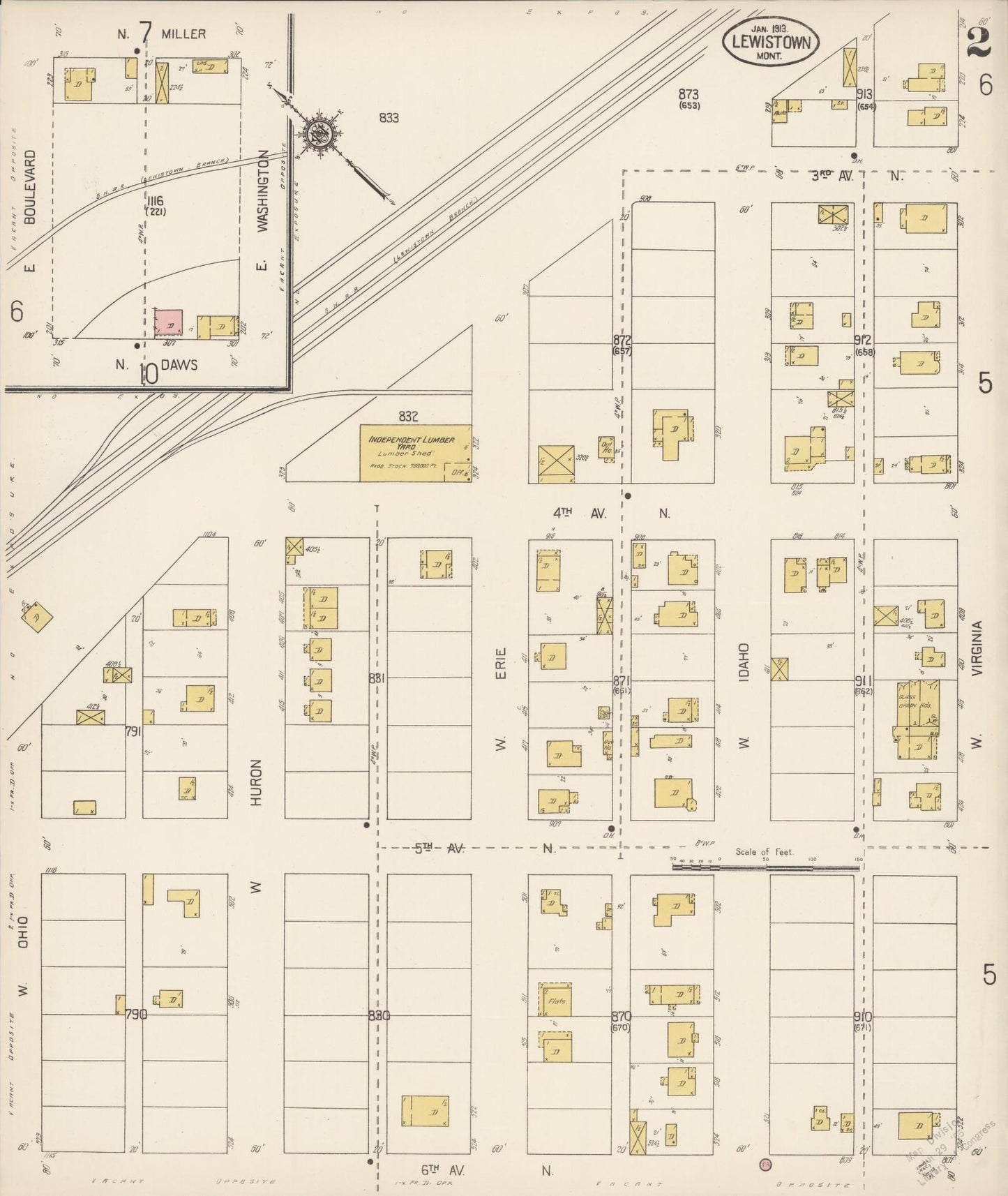 Sanborn Fire Insurance Map from Lewistown, Fergus County, Montana (1913), Sheet #0002 - Historic Sanborn Fire Insurance Map Print, vintage old map wall art, antique decor, genealogy gift, Montana Montana map