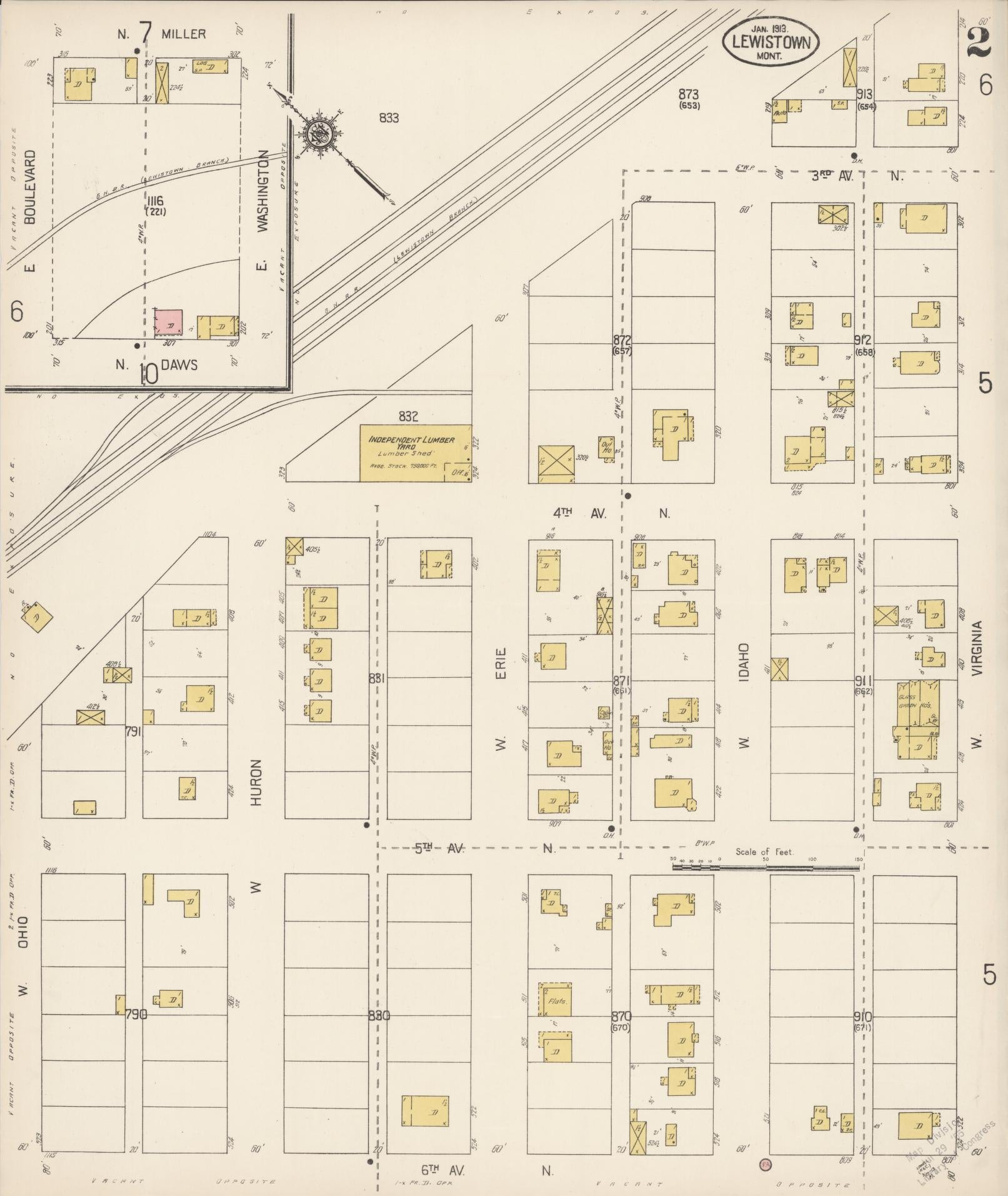 Sanborn Fire Insurance Map from Lewistown, Fergus County, Montana (1913), Sheet #0002 - Historic Sanborn Fire Insurance Map Print, vintage old map wall art, antique decor, genealogy gift, Montana Montana map