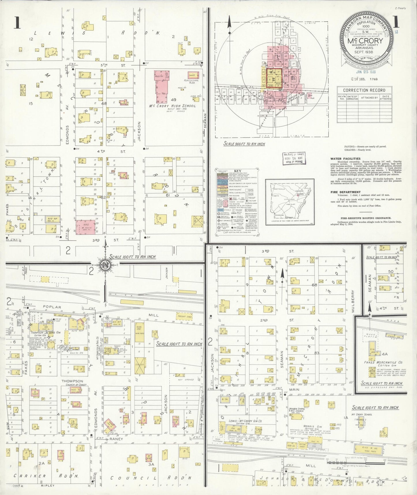 Sanborn Fire Insurance Map from McCrory, Woodruff County, Arkansas (1938), Sheet #0001 - Complete Map Set gallery image, historic Sanborn map, vintage wall art, Arkansas Arkansas