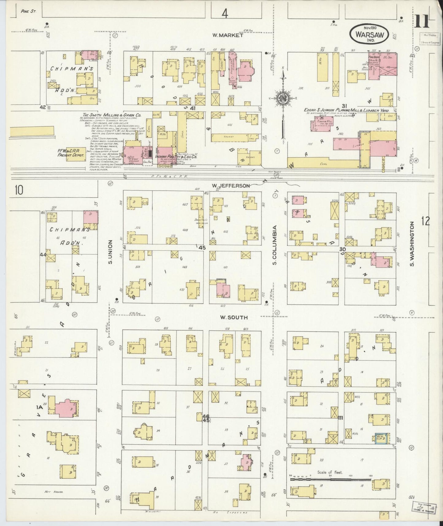 Sanborn Fire Insurance Map from Warsaw, Kosciusko County, Indiana (1910), Sheet #0011 - Historic Sanborn Fire Insurance Map Print, vintage old map wall art, antique decor, genealogy gift, Indiana Indiana map