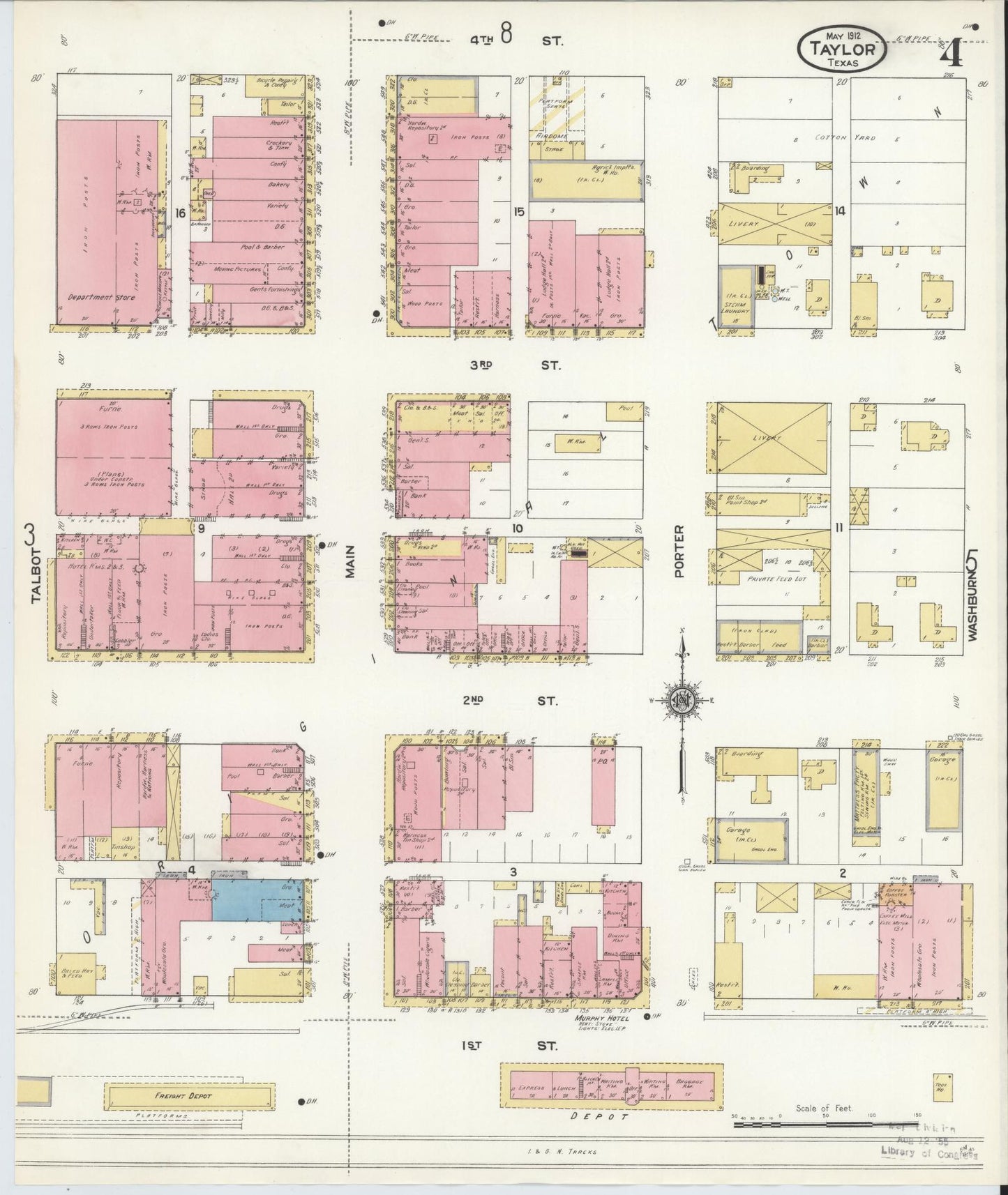 Sanborn Fire Insurance Map from Taylor, Williamson County, Texas (1912), Sheet #0004 - Complete Map Set gallery image, historic Sanborn map, vintage wall art, Texas Texas