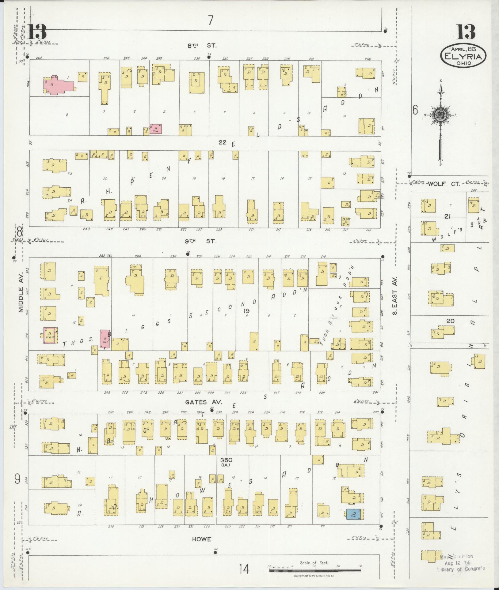 Sanborn Fire Insurance Map from Elyria, Lorain County, Ohio (1925), Sheet #0013 - Historic Sanborn Fire Insurance Map Print, vintage old map wall art, antique decor, genealogy gift, Ohio Ohio map