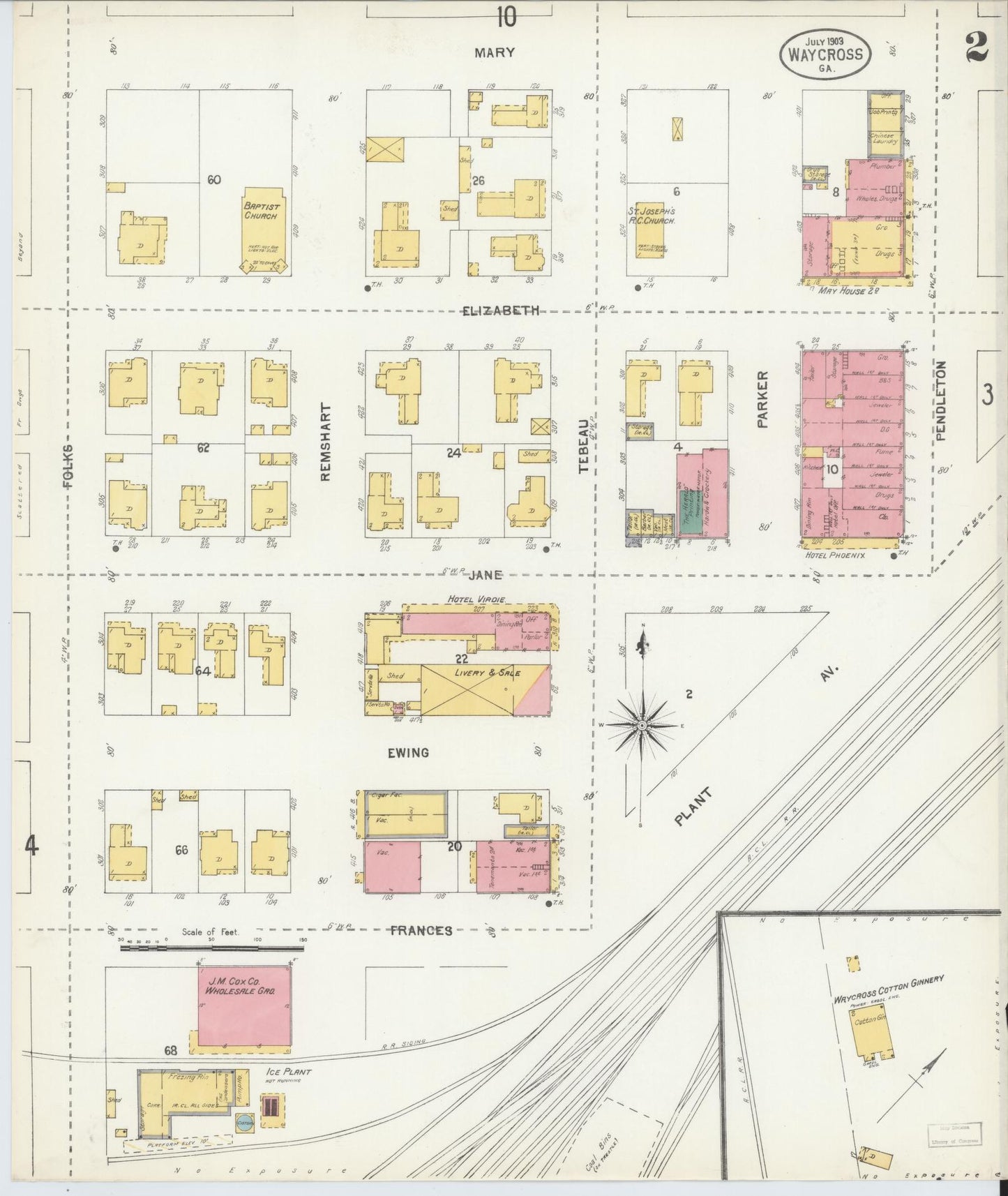 Sanborn Fire Insurance Map from Waycross, Ware County, Georgia (1903), Sheet #0002 - Complete Map Set gallery image, historic Sanborn map, vintage wall art, Georgia Georgia
