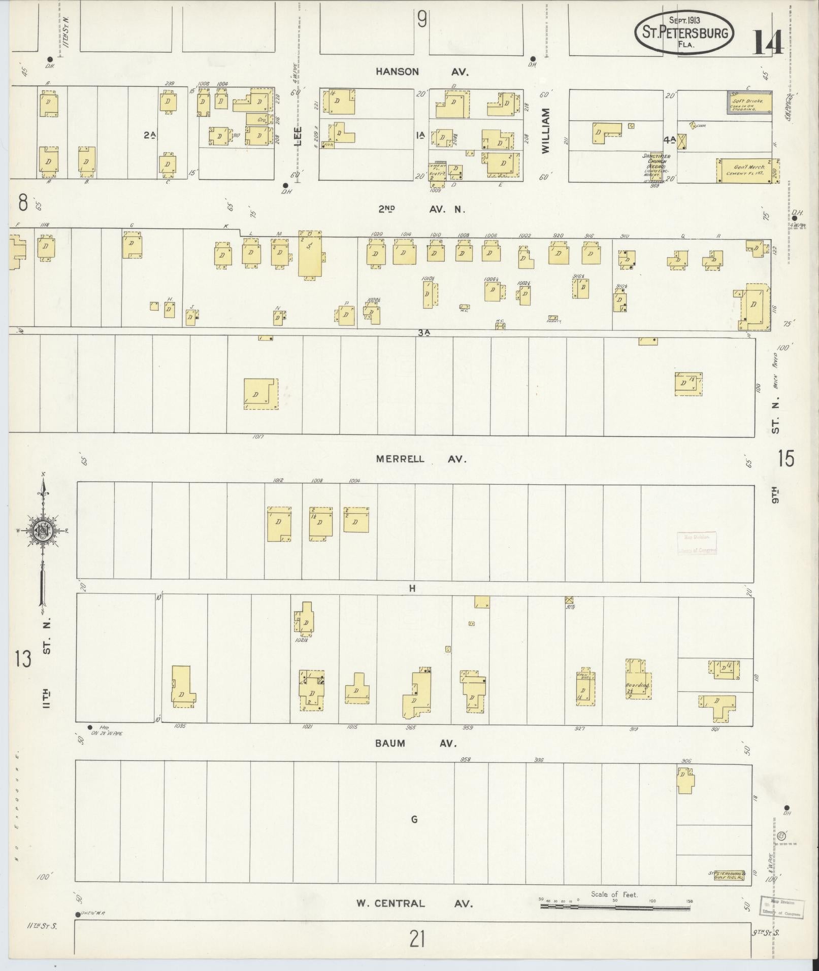 Sanborn Fire Insurance Map from Saint Petersburg, Pinellas County, Florida (1913), Sheet #0014 - Historic Sanborn Fire Insurance Map Print, vintage old map wall art, antique decor, genealogy gift, Florida Florida map