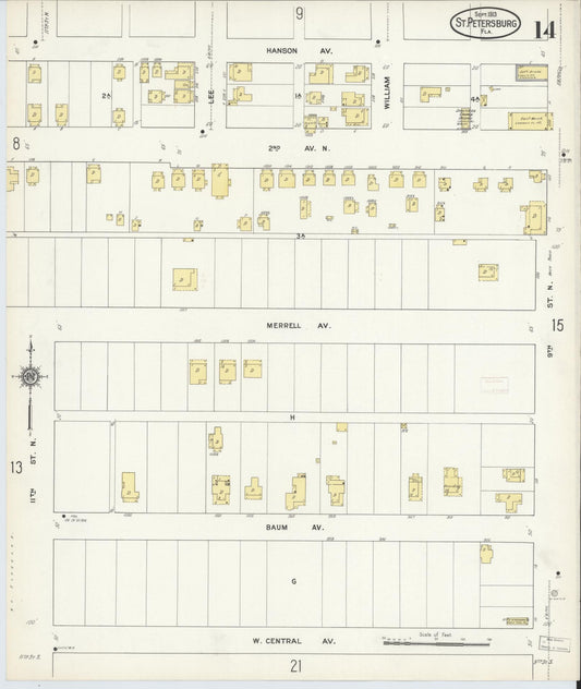 Sanborn Fire Insurance Map from Saint Petersburg, Pinellas County, Florida (1913), Sheet #0014 - Historic Sanborn Fire Insurance Map Print, vintage old map wall art, antique decor, genealogy gift, Florida Florida map