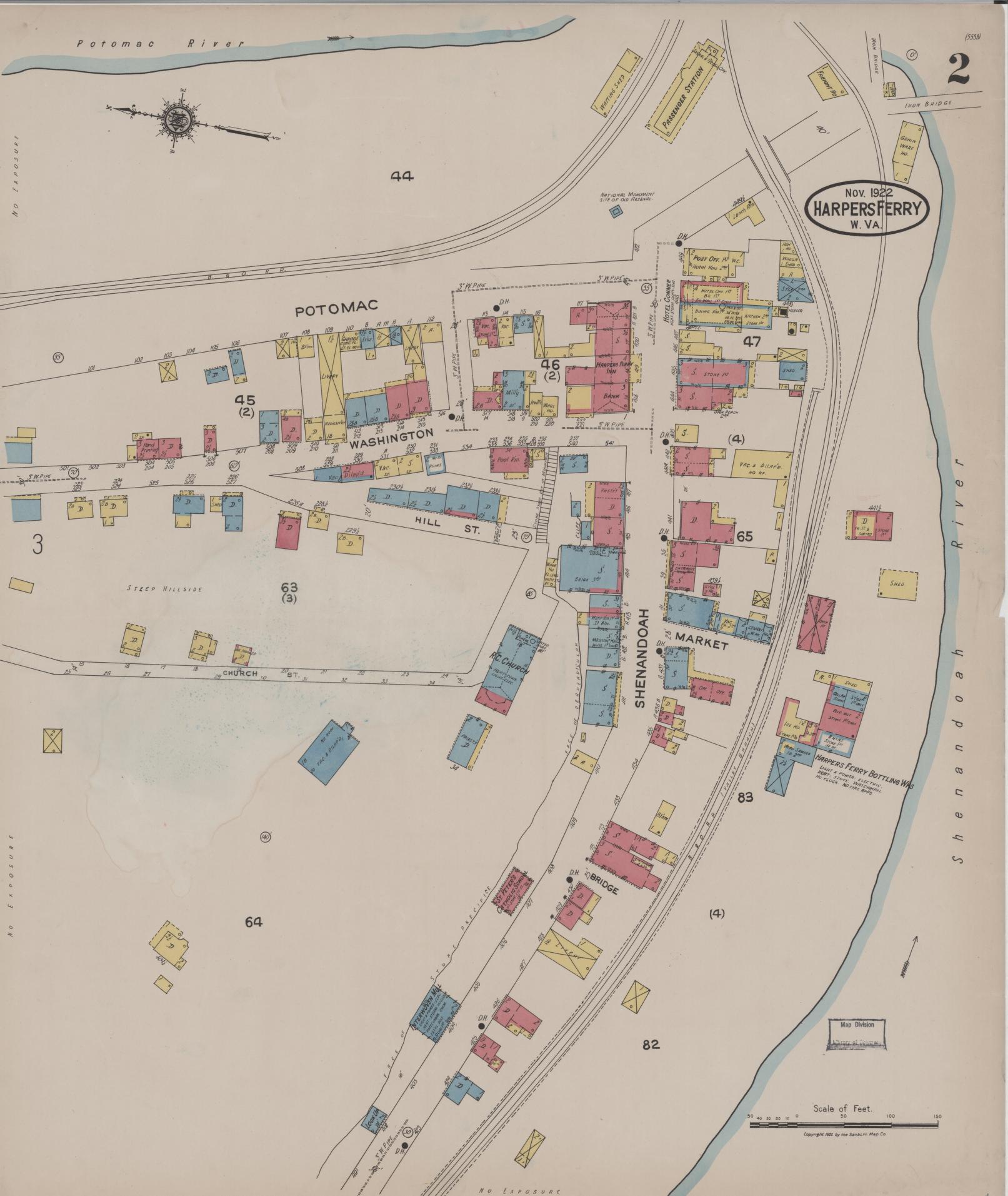 Sanborn Fire Insurance Map from Harpers Ferry, Jefferson County, West Virginia (1922), Sheet #0002 - Historic Sanborn Fire Insurance Map Print, vintage old map wall art, antique decor, genealogy gift, West Virginia West Virginia map