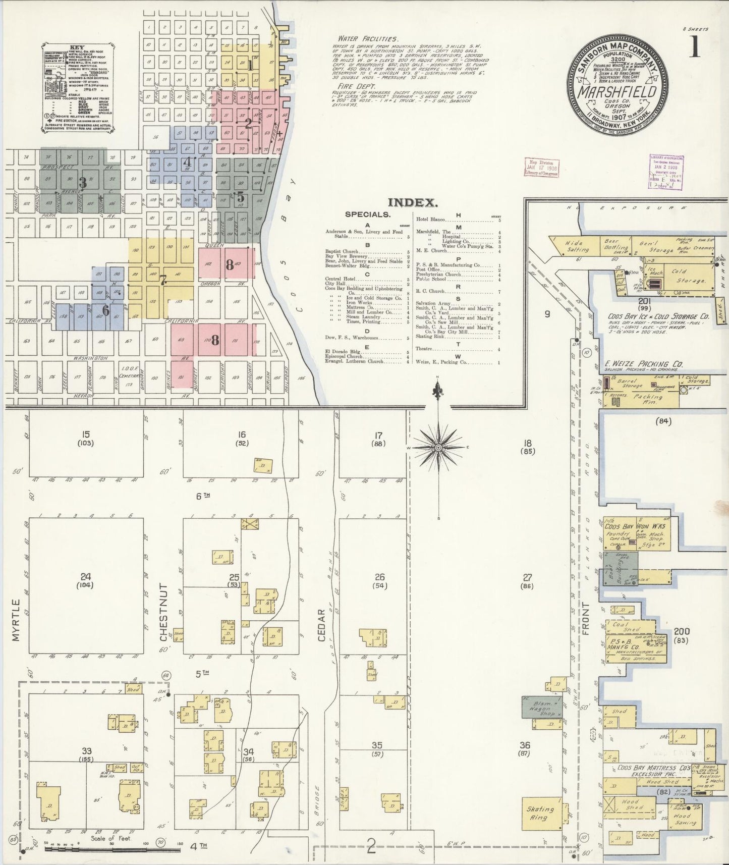 Sanborn Fire Insurance Map from Marshfield, Coos County, Oregon (1907), Sheet #0001 - Historic Sanborn Fire Insurance Map Print, vintage old map wall art, antique decor, genealogy gift, Oregon Oregon map