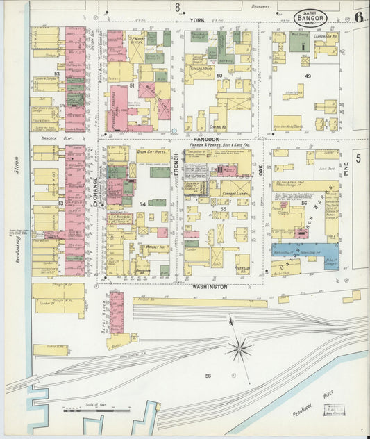 Sanborn Fire Insurance Map from Bangor, Penobscot County, Maine (1901), Sheet #0006 - Historic Sanborn Fire Insurance Map Print, vintage old map wall art, antique decor, genealogy gift, Maine Maine map