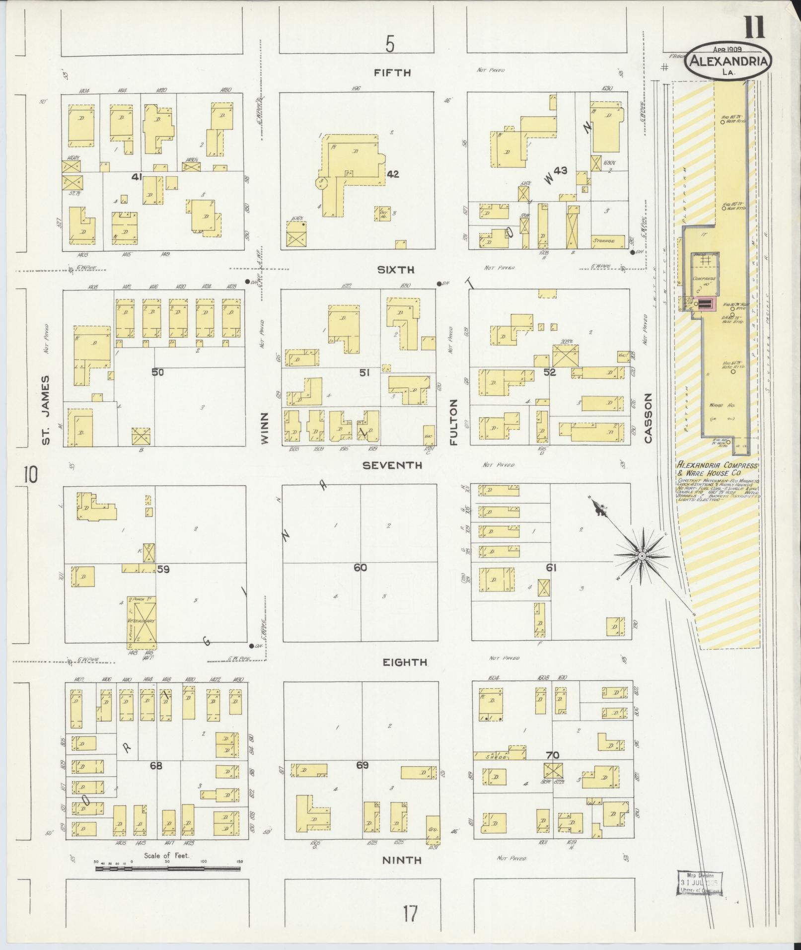Sanborn Fire Insurance Map from Alexandria, Rapides Parish, Louisiana (1909), Sheet #0011 - Complete Map Set gallery image, historic Sanborn map, vintage wall art, Louisiana Louisiana