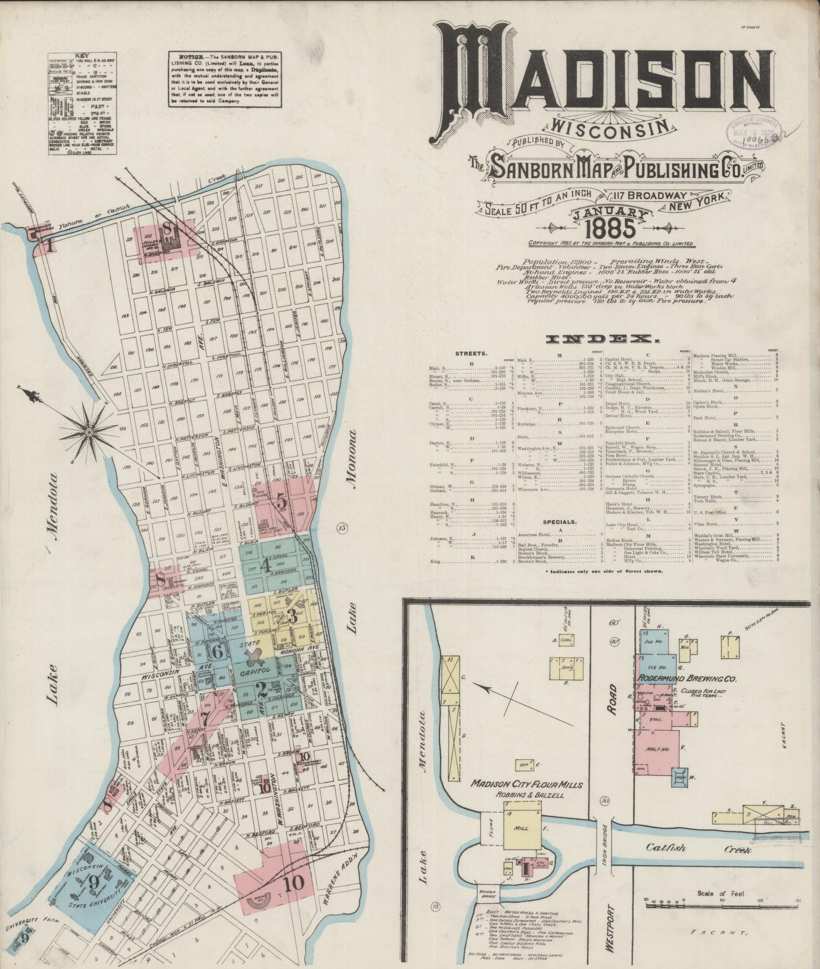 Sanborn Fire Insurance Map from Madison, Dane County, Wisconsin (1885), Sheet #0001 - Historic Sanborn Fire Insurance Map Print, vintage old map wall art, antique decor, genealogy gift, Wisconsin Wisconsin map