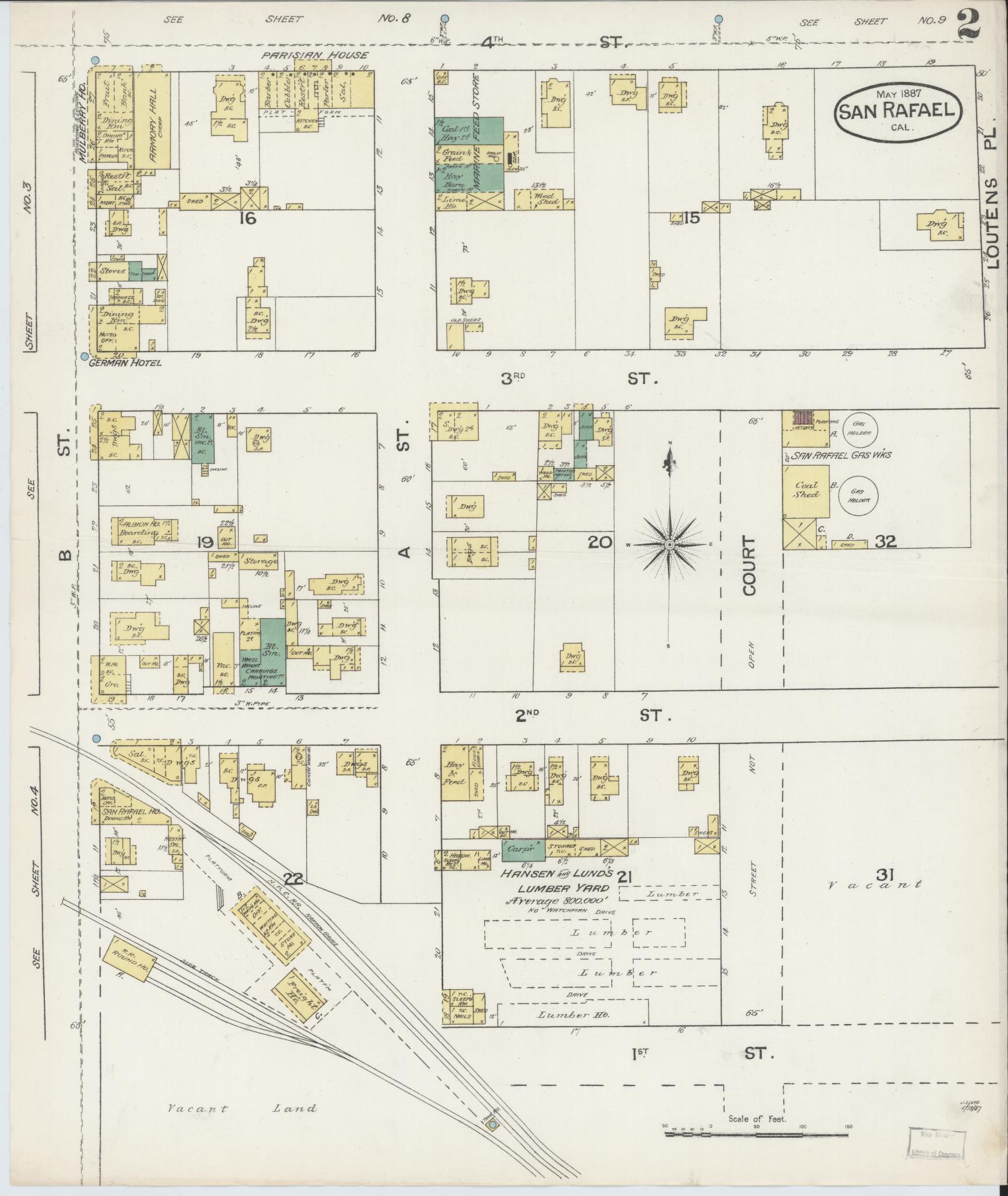 Sanborn Fire Insurance Map from San Rafael, Marin County, California (1887), Sheet #0002 - Complete Map Set gallery image, historic Sanborn map, vintage wall art, California California