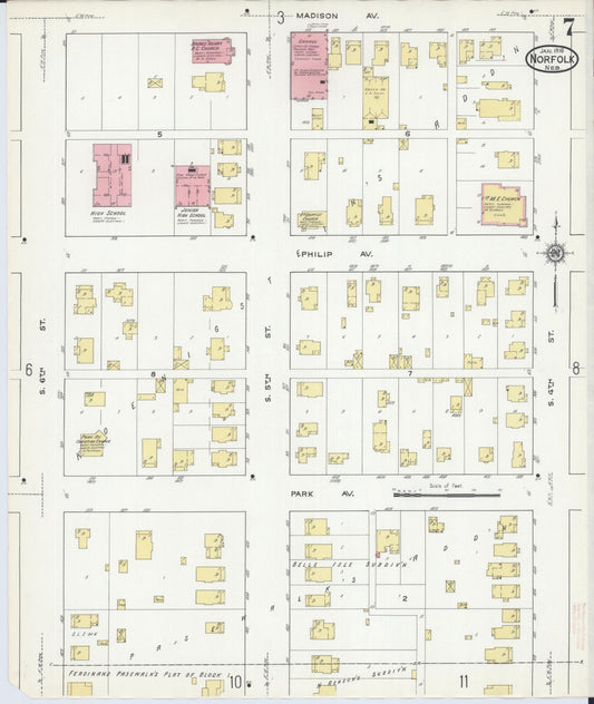 Sanborn Fire Insurance Map from Norfolk, Madison County, Nebraska (1916), Sheet #0007 - Historic Sanborn Fire Insurance Map Print, vintage old map wall art, antique decor, genealogy gift, Nebraska Nebraska map