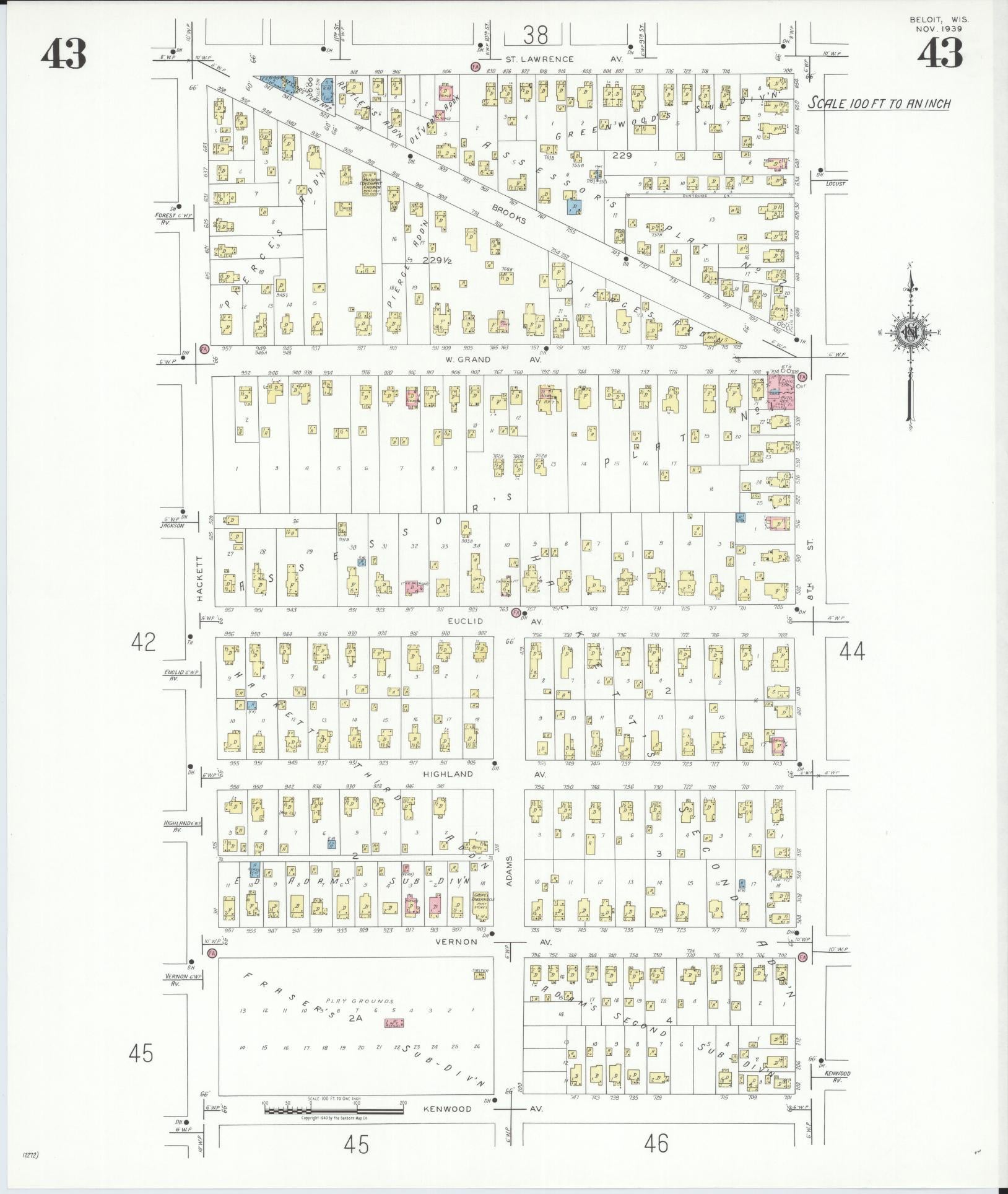 Sanborn Fire Insurance Map from Beloit, Rock County, Wisconsin (1939), Sheet #0043 - Historic Sanborn Fire Insurance Map Print, vintage old map wall art, antique decor, genealogy gift, Wisconsin Wisconsin map