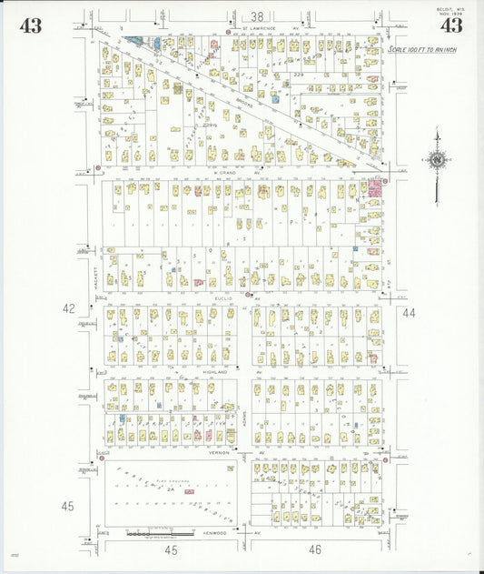 Sanborn Fire Insurance Map from Beloit, Rock County, Wisconsin (1939), Sheet #0043 - Historic Sanborn Fire Insurance Map Print, vintage old map wall art, antique decor, genealogy gift, Wisconsin Wisconsin map