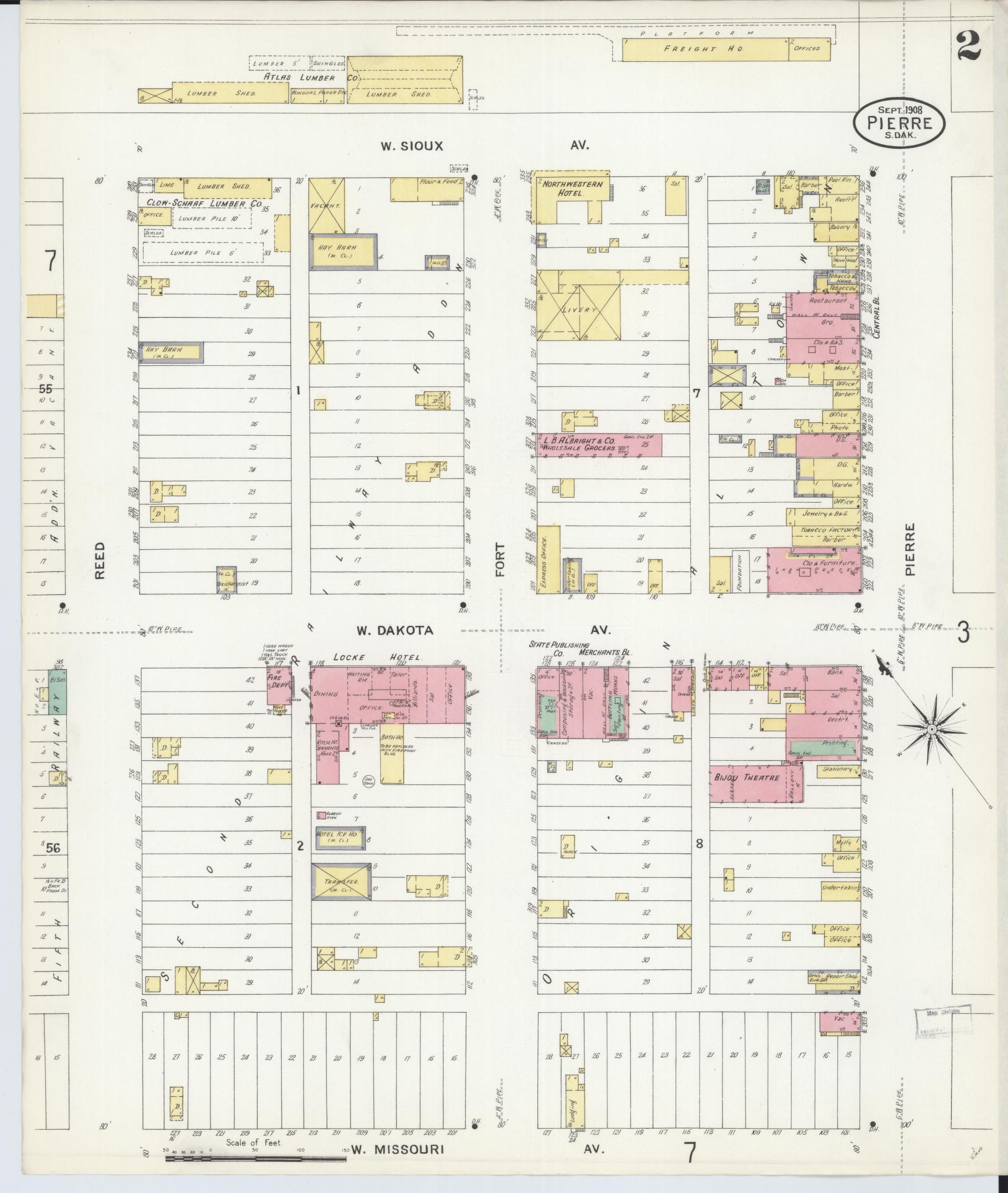 Sanborn Fire Insurance Map from Pierre, Hughes County, South Dakota (1908), Sheet #0002 - Historic Sanborn Fire Insurance Map Print, vintage old map wall art, antique decor, genealogy gift, South Dakota South Dakota map