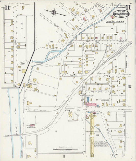Sanborn Fire Insurance Map from Elizabethton, Carter County, Tennessee (1924), Sheet #0011 - Historic Sanborn Fire Insurance Map Print, vintage old map wall art, antique decor, genealogy gift, Tennessee Tennessee map