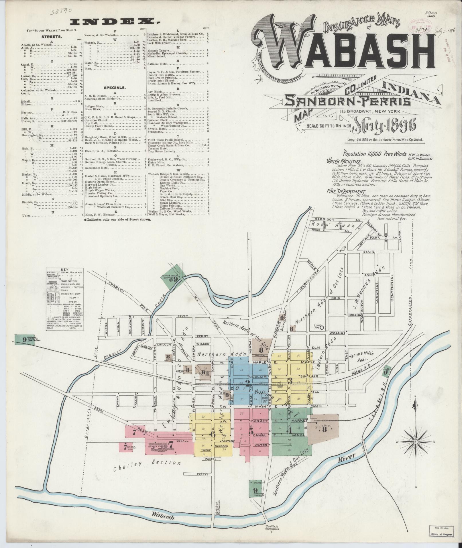 Sanborn Fire Insurance Map from Wabash, Wabash County, Indiana (1896), Sheet #0001 - Complete Map Set gallery image, historic Sanborn map, vintage wall art, Indiana Indiana