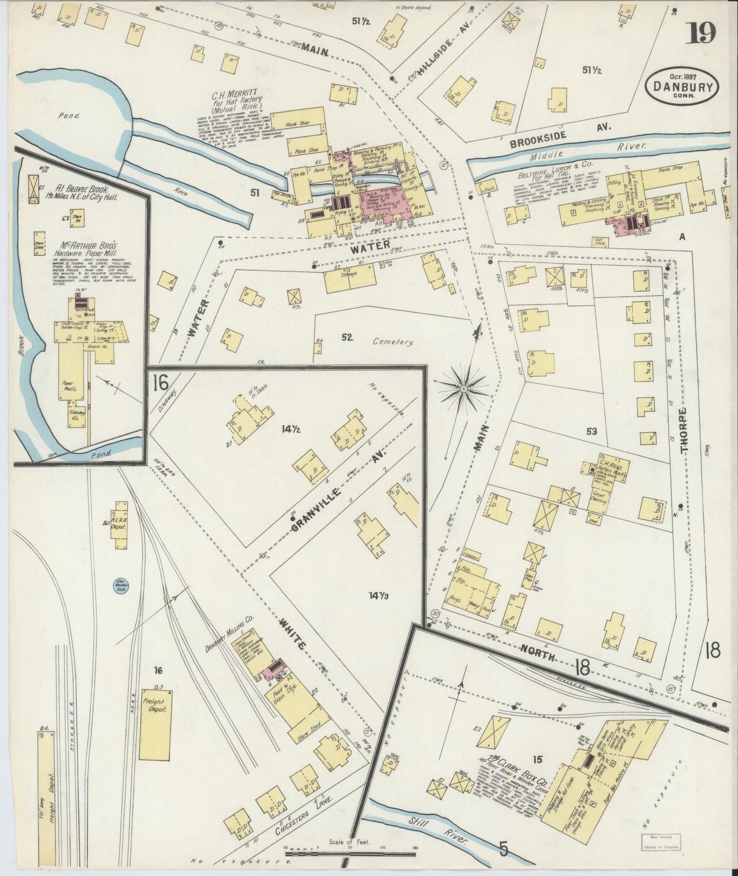 Sanborn Fire Insurance Map from Danbury, Fairfield County, Connecticut (1897), Sheet #0019 - Historic Sanborn Fire Insurance Map Print, vintage old map wall art, antique decor, genealogy gift, Connecticut Connecticut map