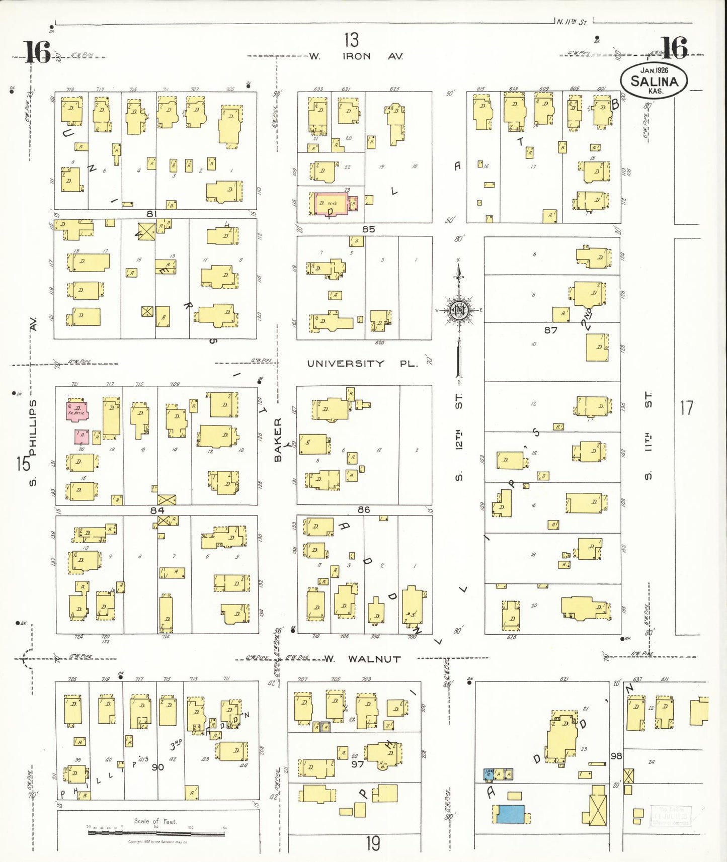 Sanborn Fire Insurance Map from Salina, Saline County, Kansas (1926), Sheet #0016 - Historic Sanborn Fire Insurance Map Print, vintage old map wall art, antique decor, genealogy gift, Kansas Kansas map