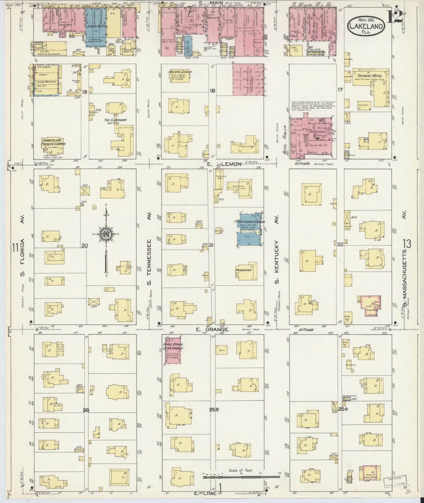 Sanborn Fire Insurance Map from Lakeland, Polk County, Florida (1913), Sheet #0012 - Complete Map Set gallery image, historic Sanborn map, vintage wall art, Florida Florida