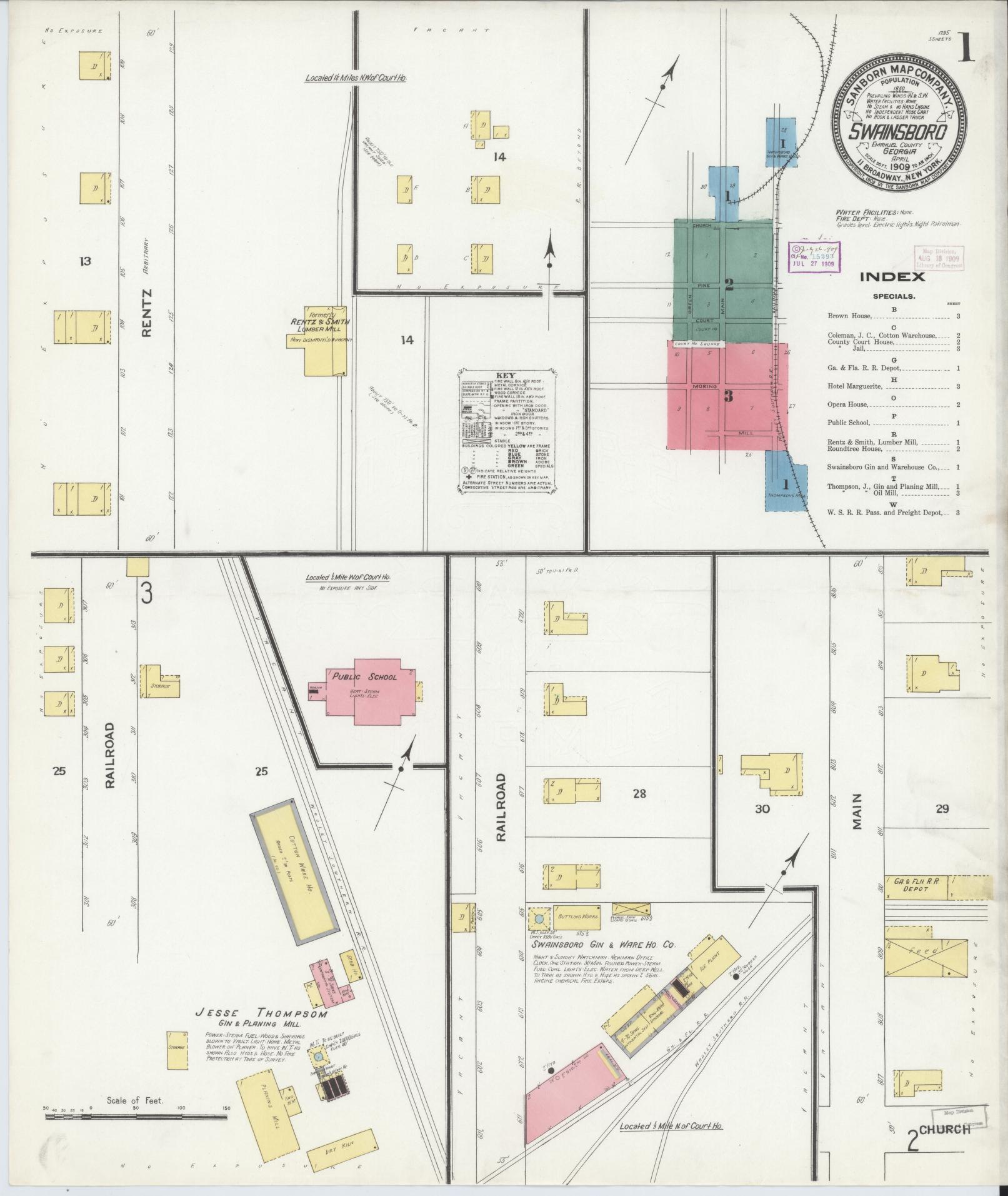 Sanborn Fire Insurance Map from Swainsboro, Emanuel County, Georgia (1909), Sheet #0001 - Historic Sanborn Fire Insurance Map Print, vintage old map wall art, antique decor, genealogy gift, Georgia Georgia map