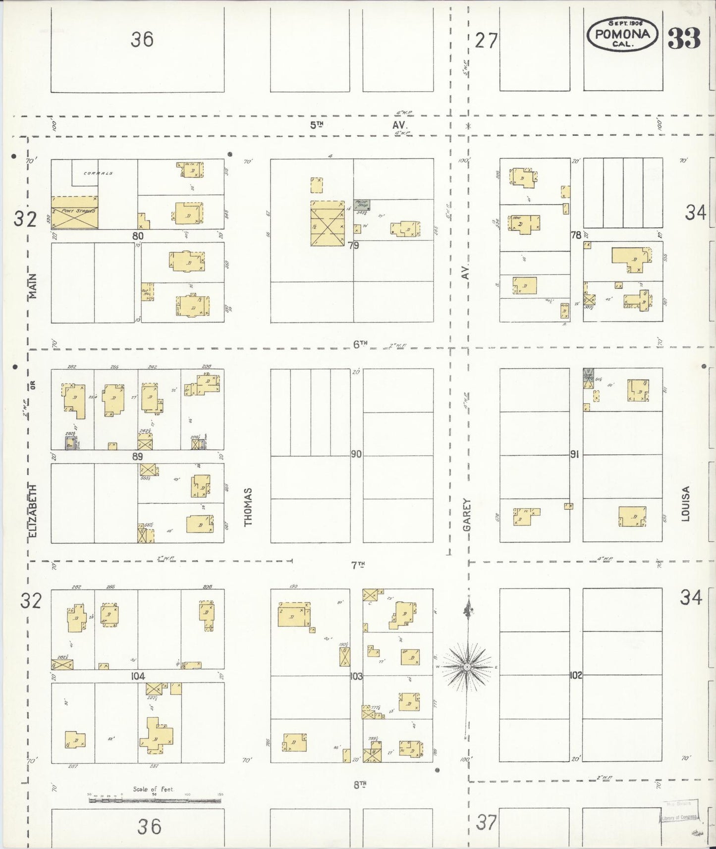 Sanborn Fire Insurance Map from Pomona, Los Angeles County, California (1906), Sheet #0033 - Complete Map Set gallery image, historic Sanborn map, vintage wall art, California California