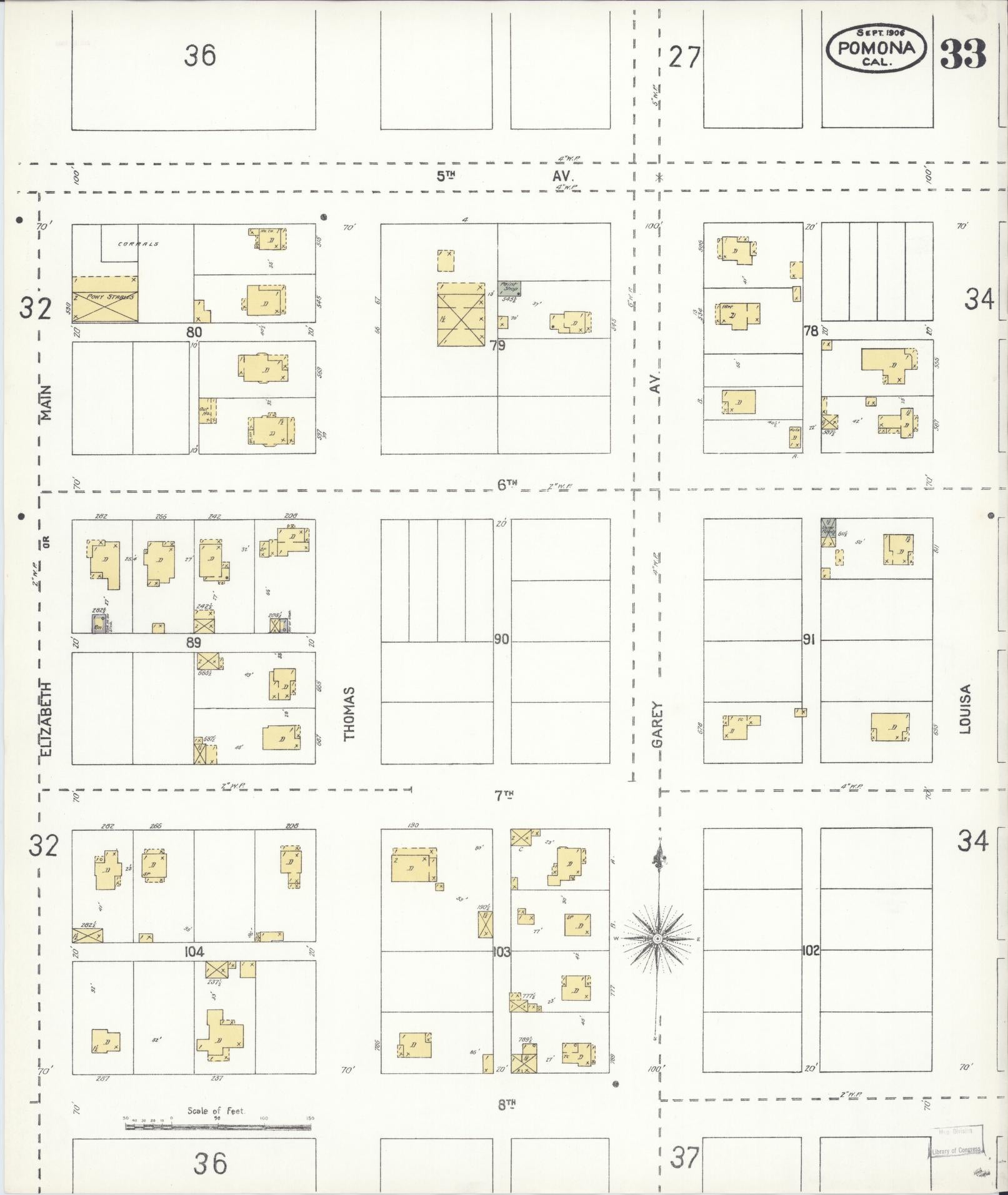 Sanborn Fire Insurance Map from Pomona, Los Angeles County, California (1906), Sheet #0033 - Complete Map Set gallery image, historic Sanborn map, vintage wall art, California California