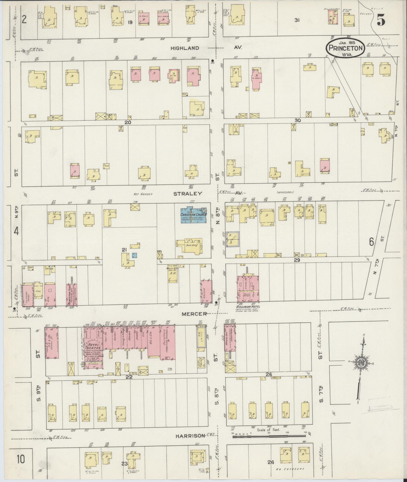 Sanborn Fire Insurance Map from Princeton, Mercer County, West Virginia (1915), Sheet #0005 - Historic Sanborn Fire Insurance Map Print, vintage old map wall art, antique decor, genealogy gift, West Virginia West Virginia map