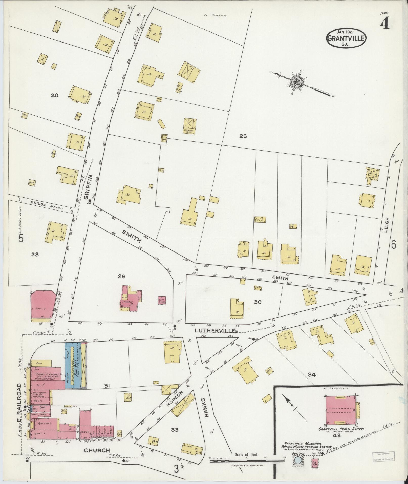 Sanborn Fire Insurance Map from Grantville, Coweta County, Georgia (1921), Sheet #0004 - Complete Map Set gallery image, historic Sanborn map, vintage wall art, Georgia Georgia