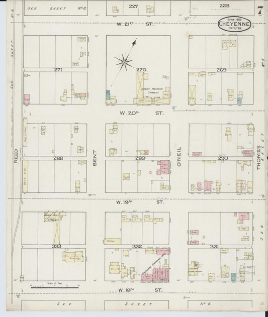 Sanborn Fire Insurance Map from Cheyenne, Laramie County, Wyoming (1886), Sheet #0007 - Historic Sanborn Fire Insurance Map Print, vintage old map wall art, antique decor, genealogy gift, Wyoming Wyoming map