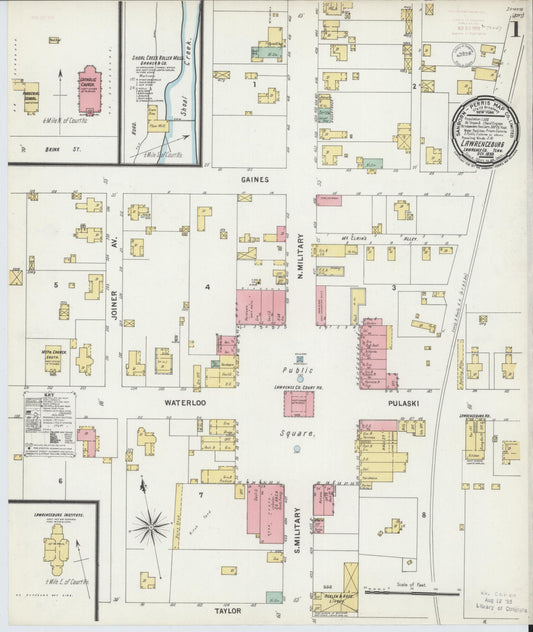 Sanborn Fire Insurance Map from Lawrenceburg, Lawrence County, Tennessee (1899), Sheet #0001 - Historic Sanborn Fire Insurance Map Print, vintage old map wall art, antique decor, genealogy gift, Tennessee Tennessee map
