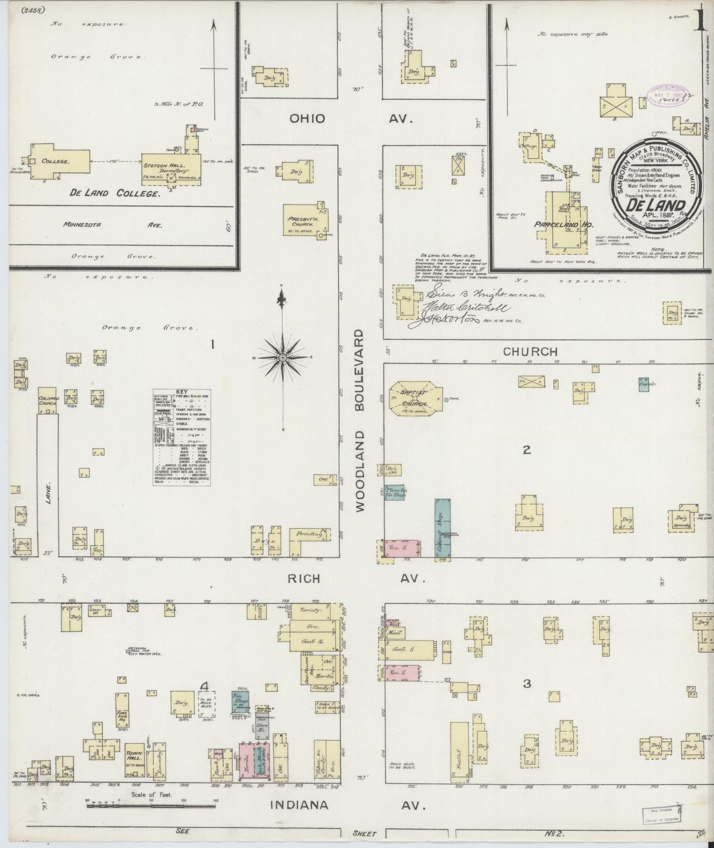 Sanborn Fire Insurance Map from De Land, Volusia County, Florida (1887), Sheet #0001 - Historic Sanborn Fire Insurance Map Print, vintage old map wall art, antique decor, genealogy gift, Florida Florida map