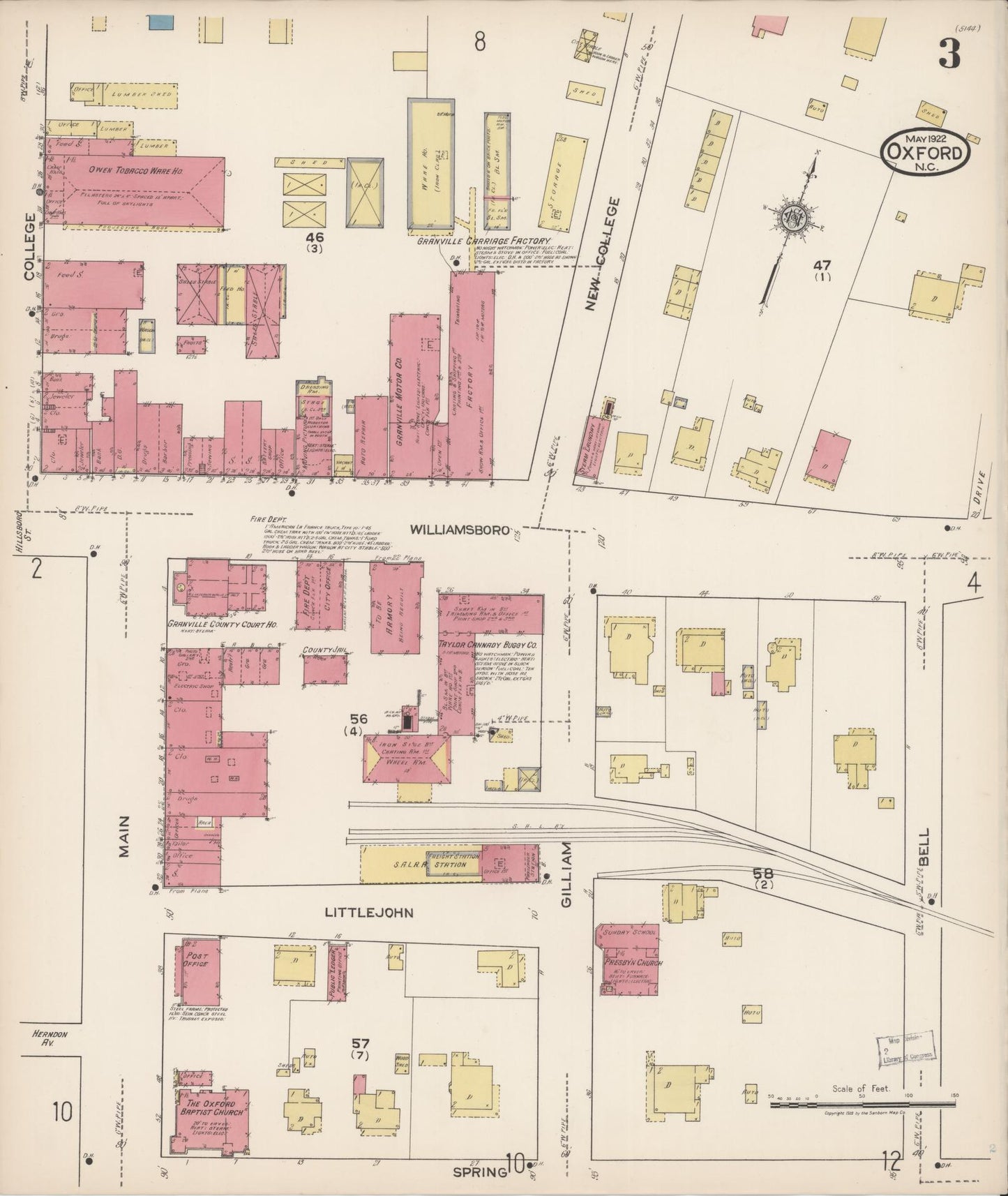 Sanborn Fire Insurance Map from Oxford, Granville County, North Carolina (1922), Sheet #0003 - Complete Map Set gallery image, historic Sanborn map, vintage wall art, North Carolina North Carolina