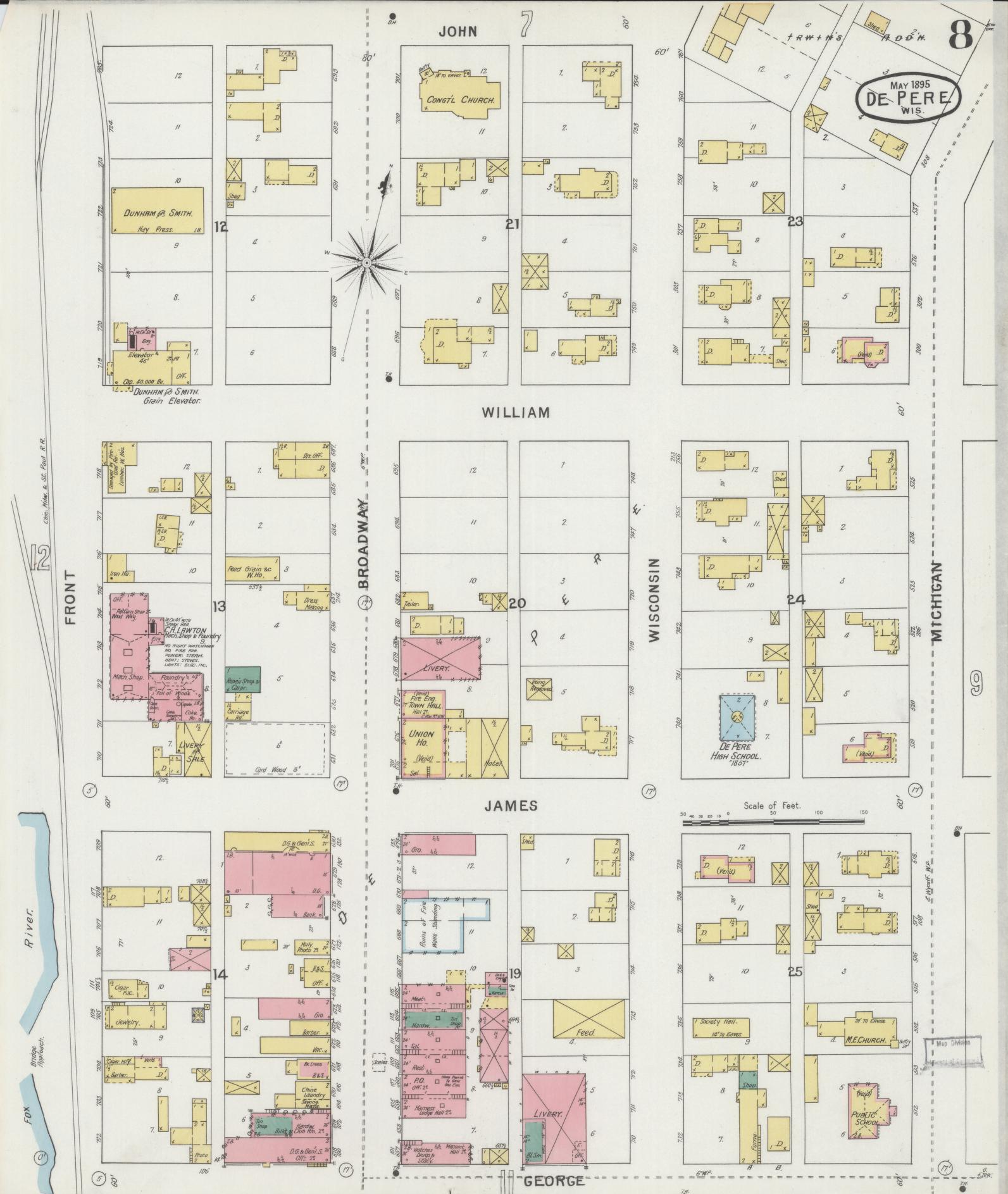 Sanborn Fire Insurance Map from De Pere, Brown County, Wisconsin (1895), Sheet #0008 - Historic Sanborn Fire Insurance Map Print, vintage old map wall art, antique decor, genealogy gift, Wisconsin Wisconsin map
