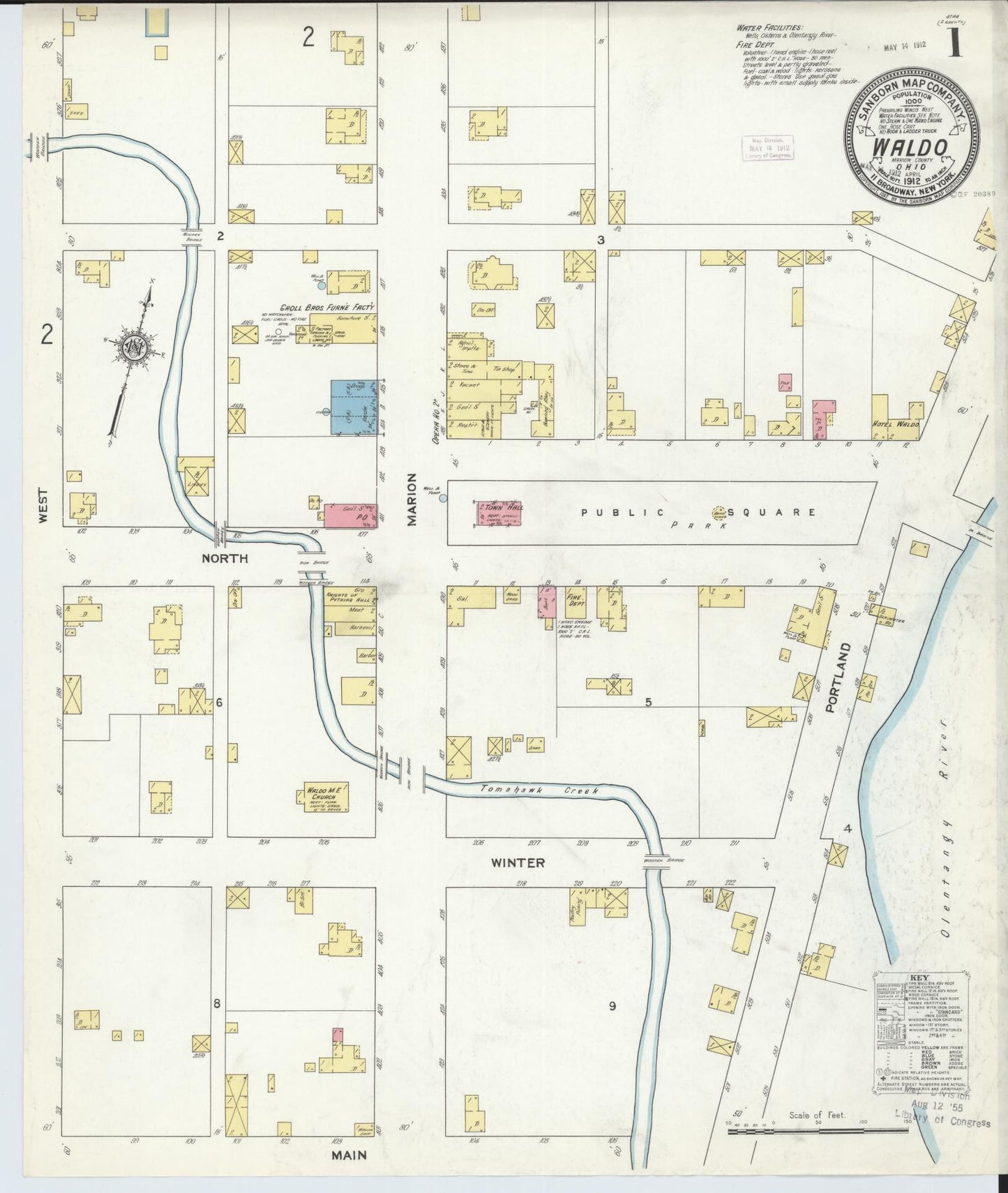 Sanborn Fire Insurance Map from Waldo, Marion County, Ohio (1912), Sheet #0001 - Historic Sanborn Fire Insurance Map Print, vintage old map wall art, antique decor, genealogy gift, Ohio Ohio map