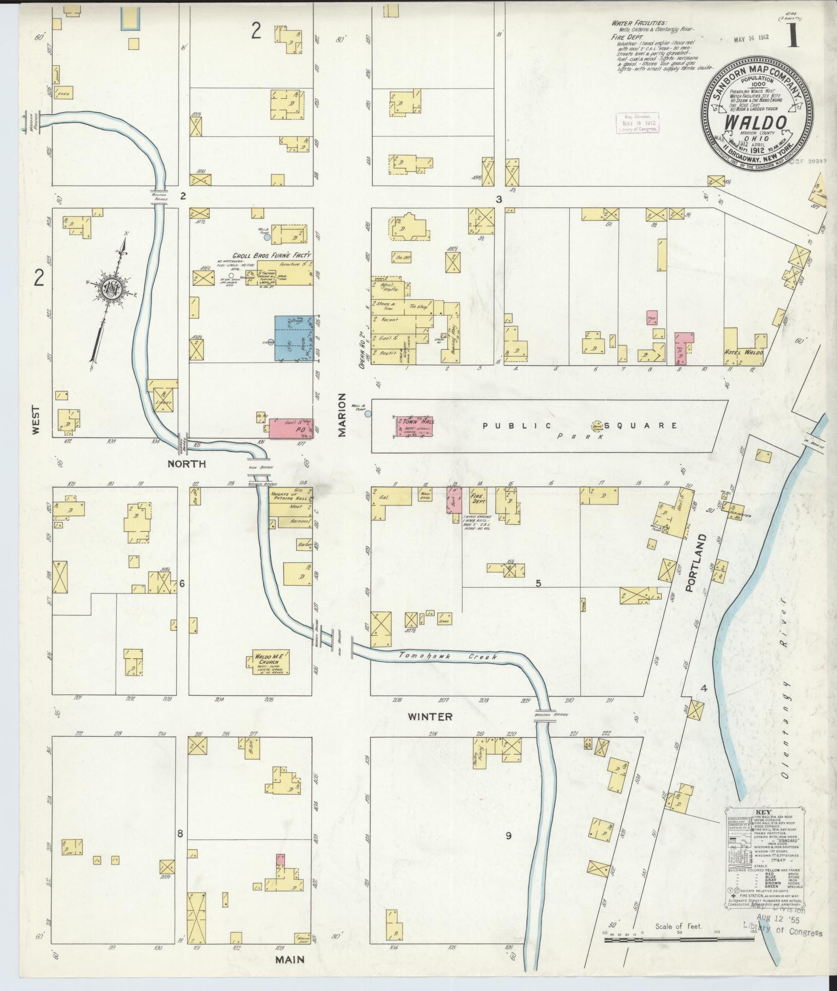 Sanborn Fire Insurance Map from Waldo, Marion County, Ohio (1912), Sheet #0001 - Historic Sanborn Fire Insurance Map Print, vintage old map wall art, antique decor, genealogy gift, Ohio Ohio map